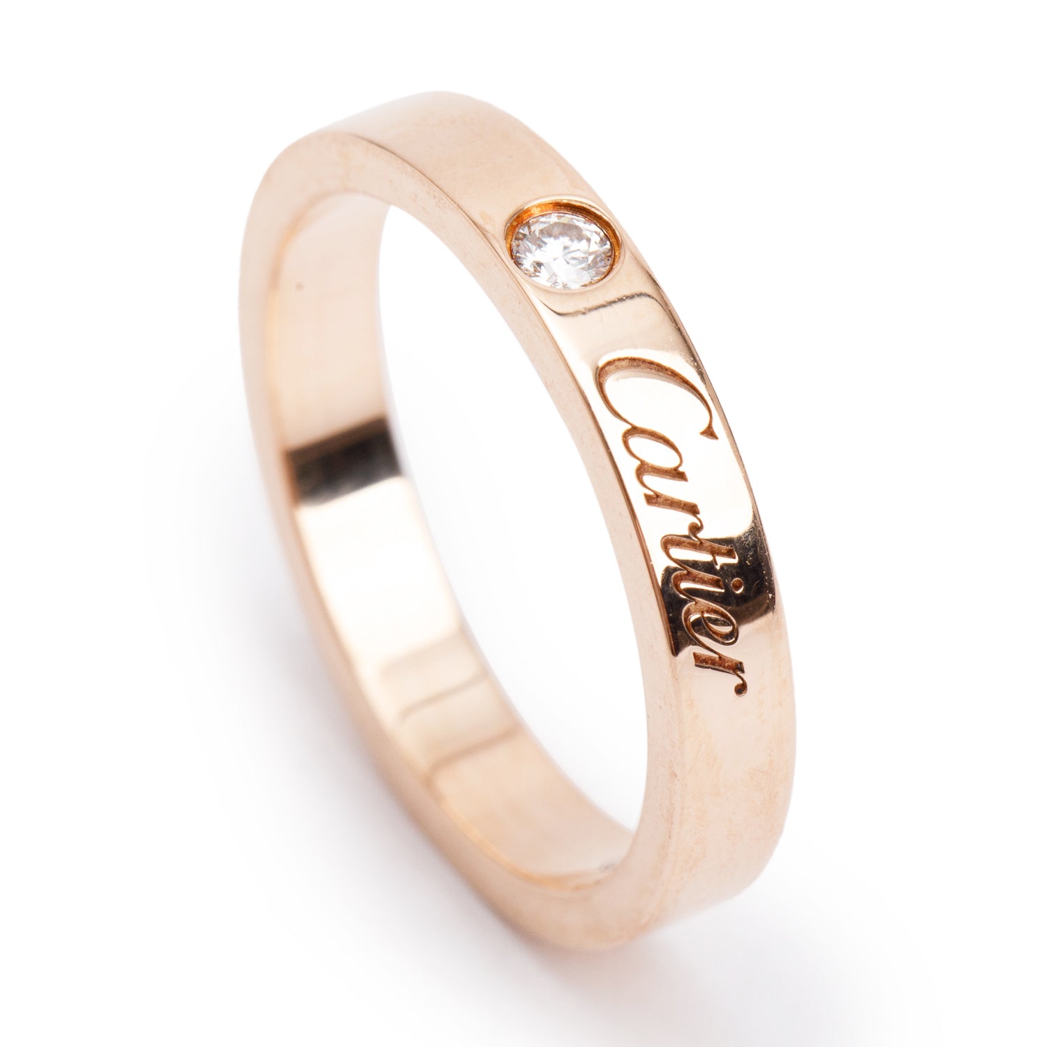 Cartier 18k Rose Gold 1 Diamond C de Cartier 3 MM Wedding Band Ring, Size 49 5 w/ Box & Certificate