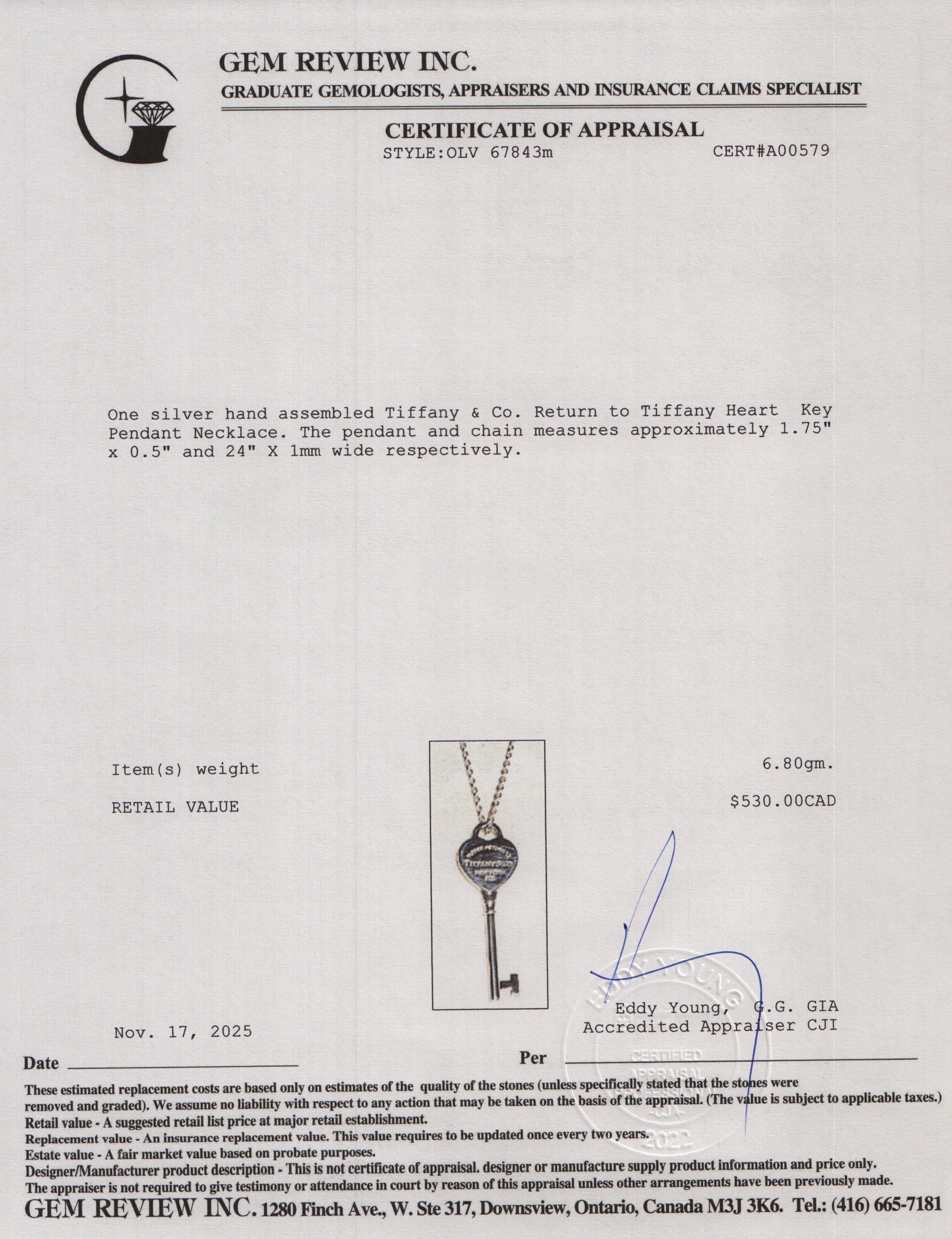 Tiffany & Co. Sterling Silver Return to Tiffany Heart Key Pendant Necklace