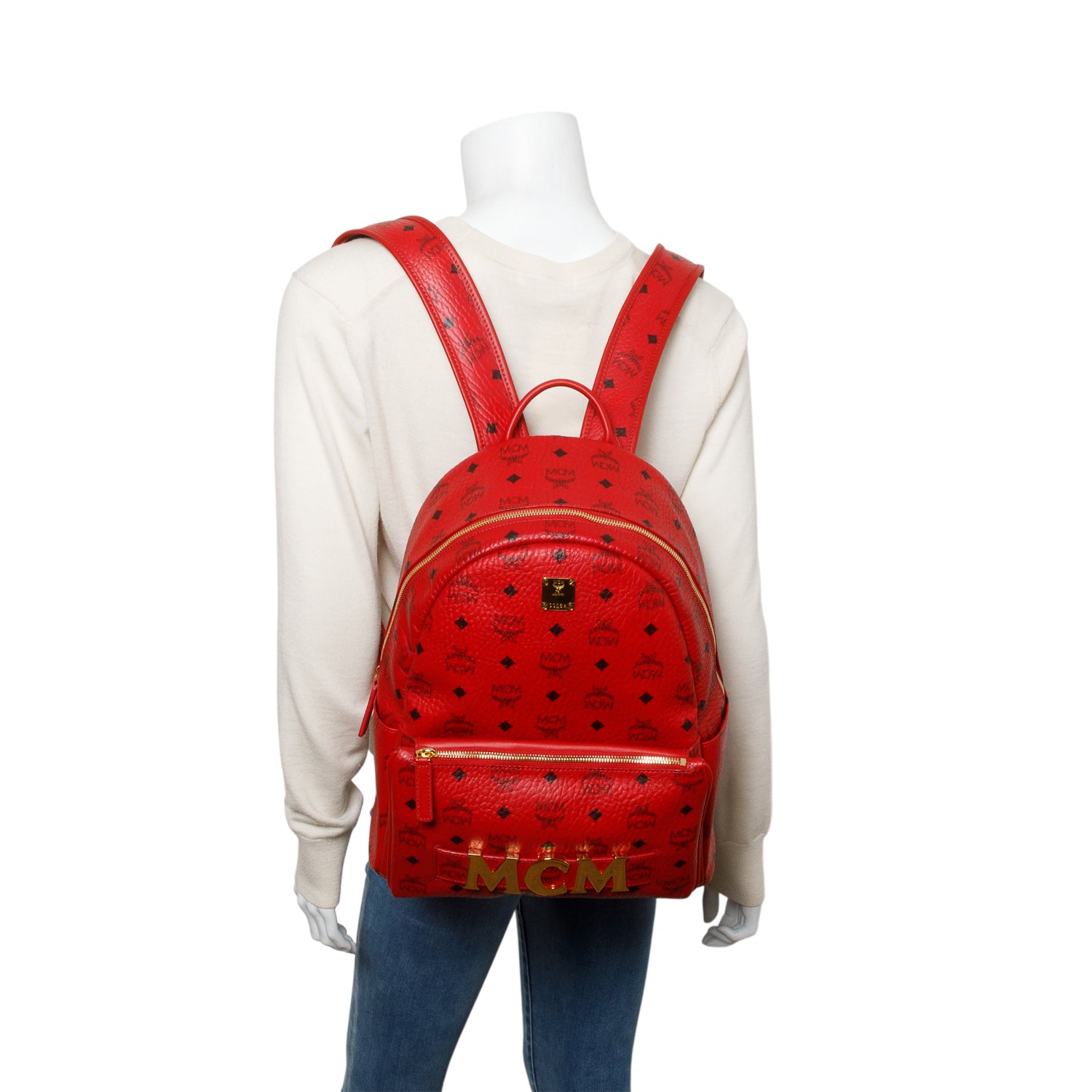 MCM Red Visetos Medium Stark Backpack