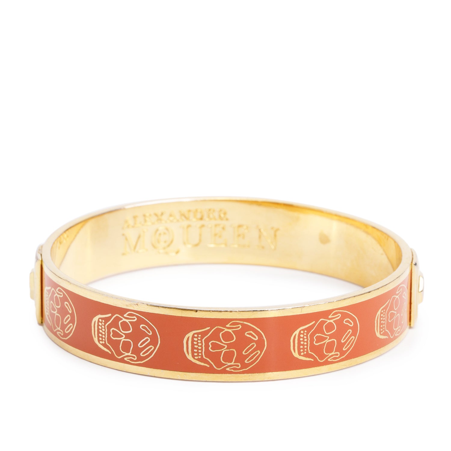 Alexander Mcqueen Gold Plated Orange Enamel Skull Logo Bangle