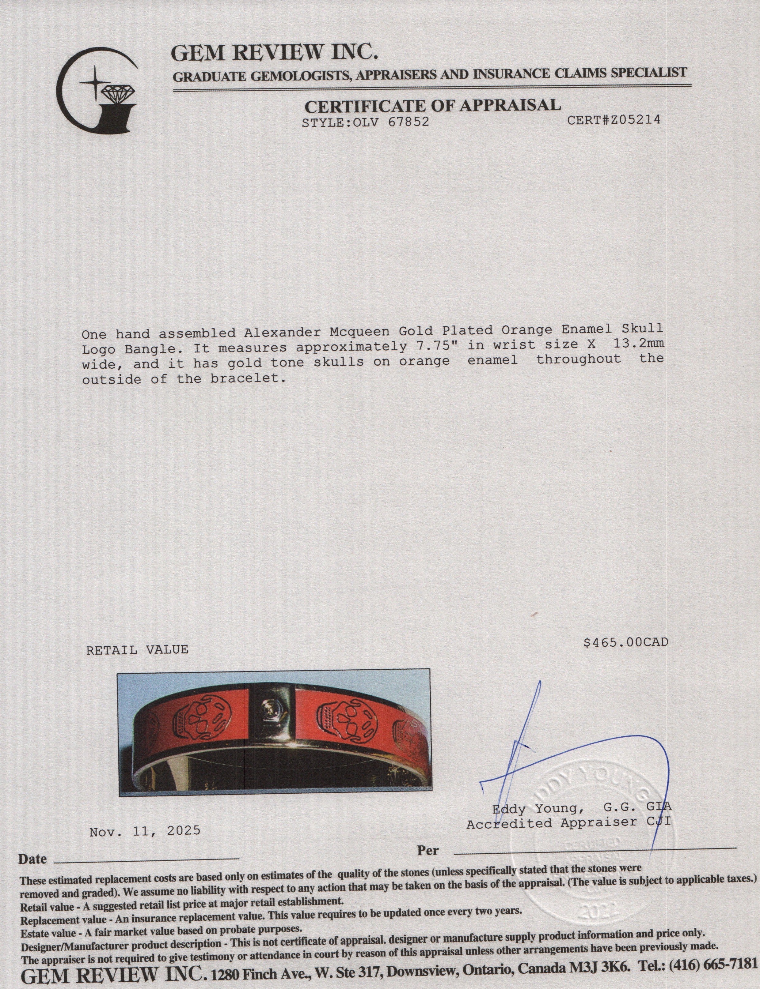 Alexander Mcqueen Gold Plated Orange Enamel Skull Logo Bangle