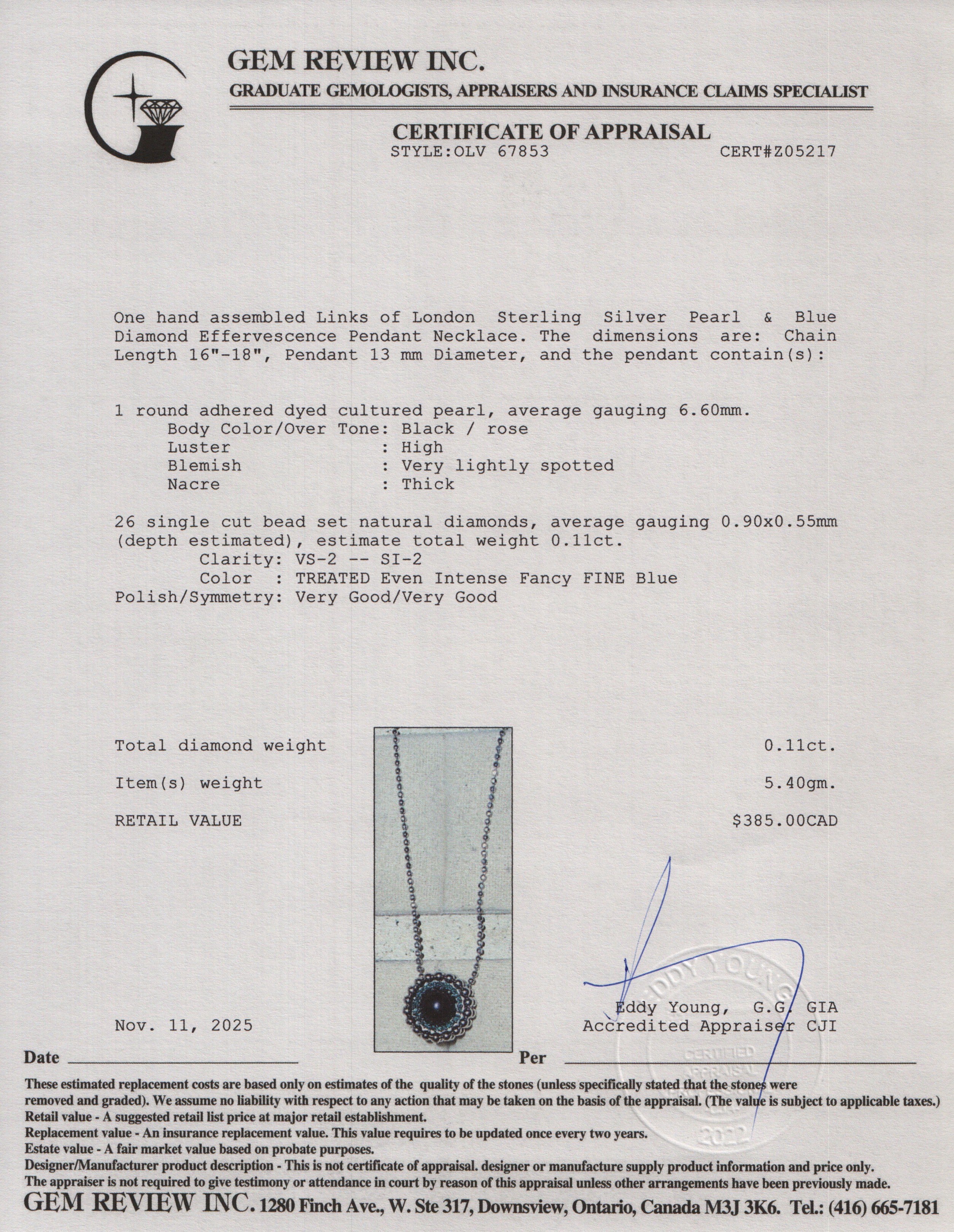 Links of London Sterling Silver Pearl & Blue Diamond Effervescence Pendant Necklace w/ Box