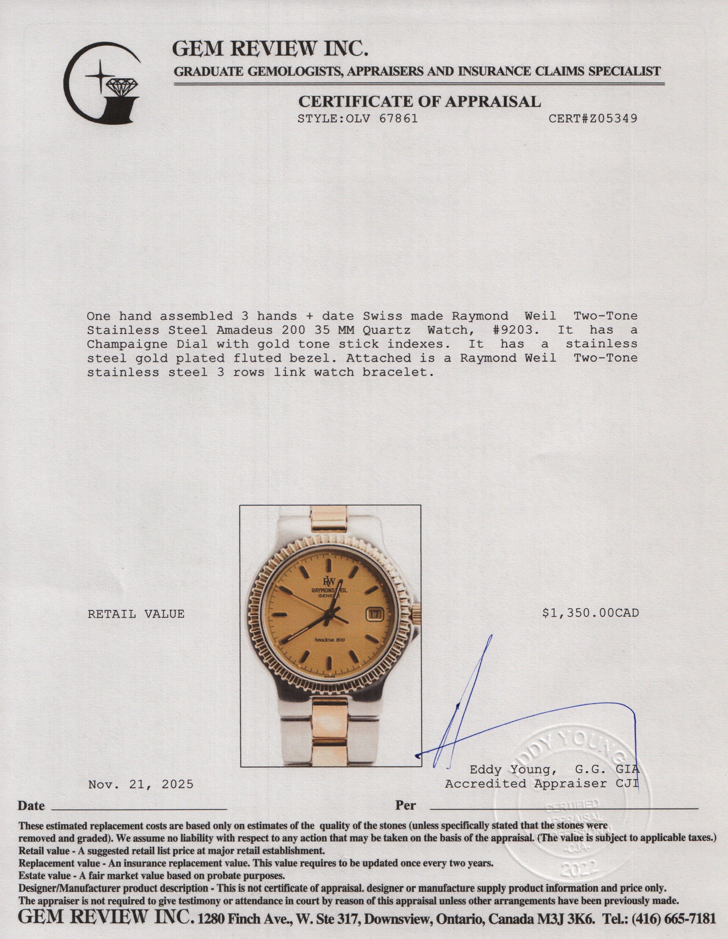 Raymond Weil Two-Tone Stainless Steel Amadeus 200 35 MM Quartz Watch Champaigne Dial 9203