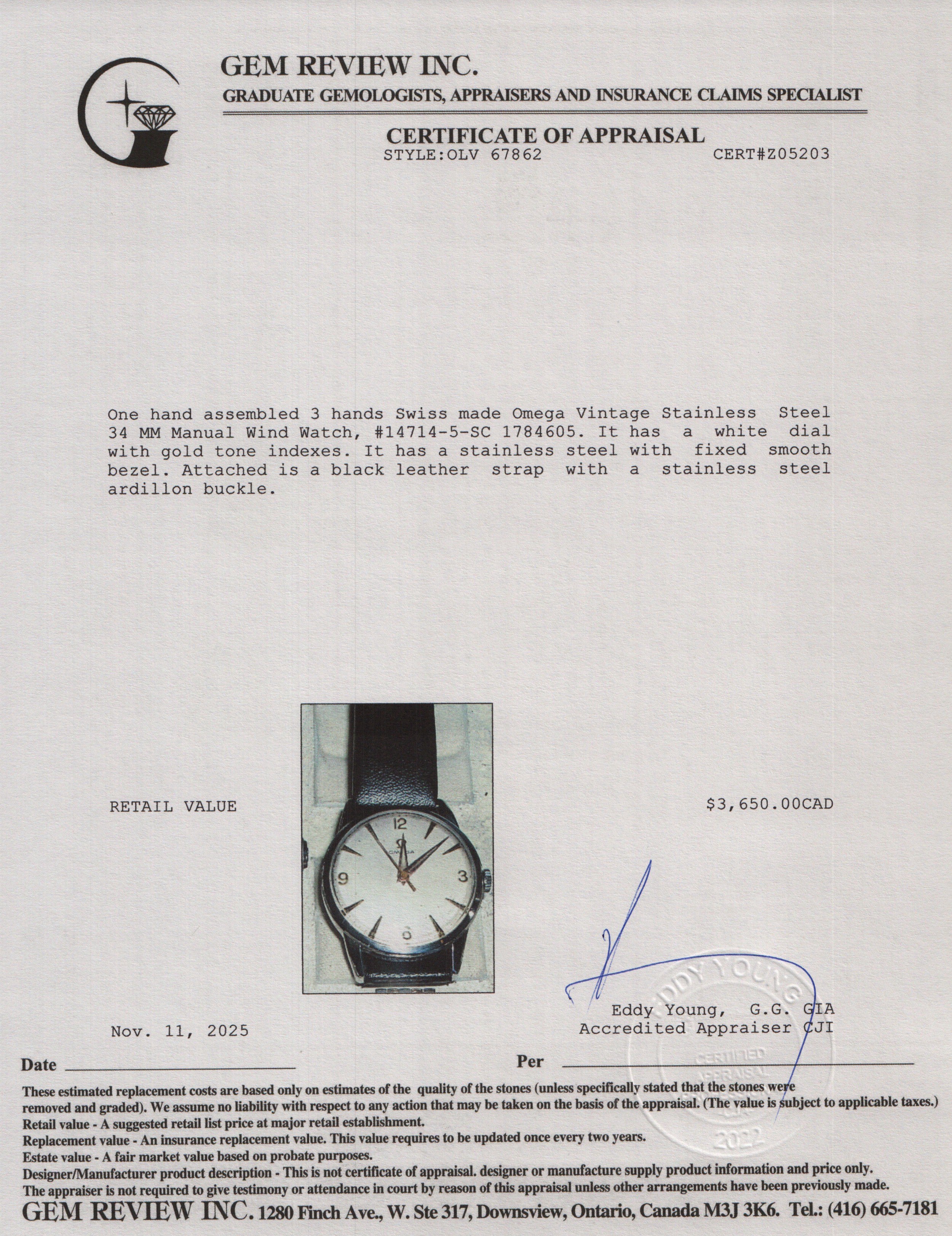 Omega Vintage Stainless Steel 34 MM Manual Wind Watch White Dial