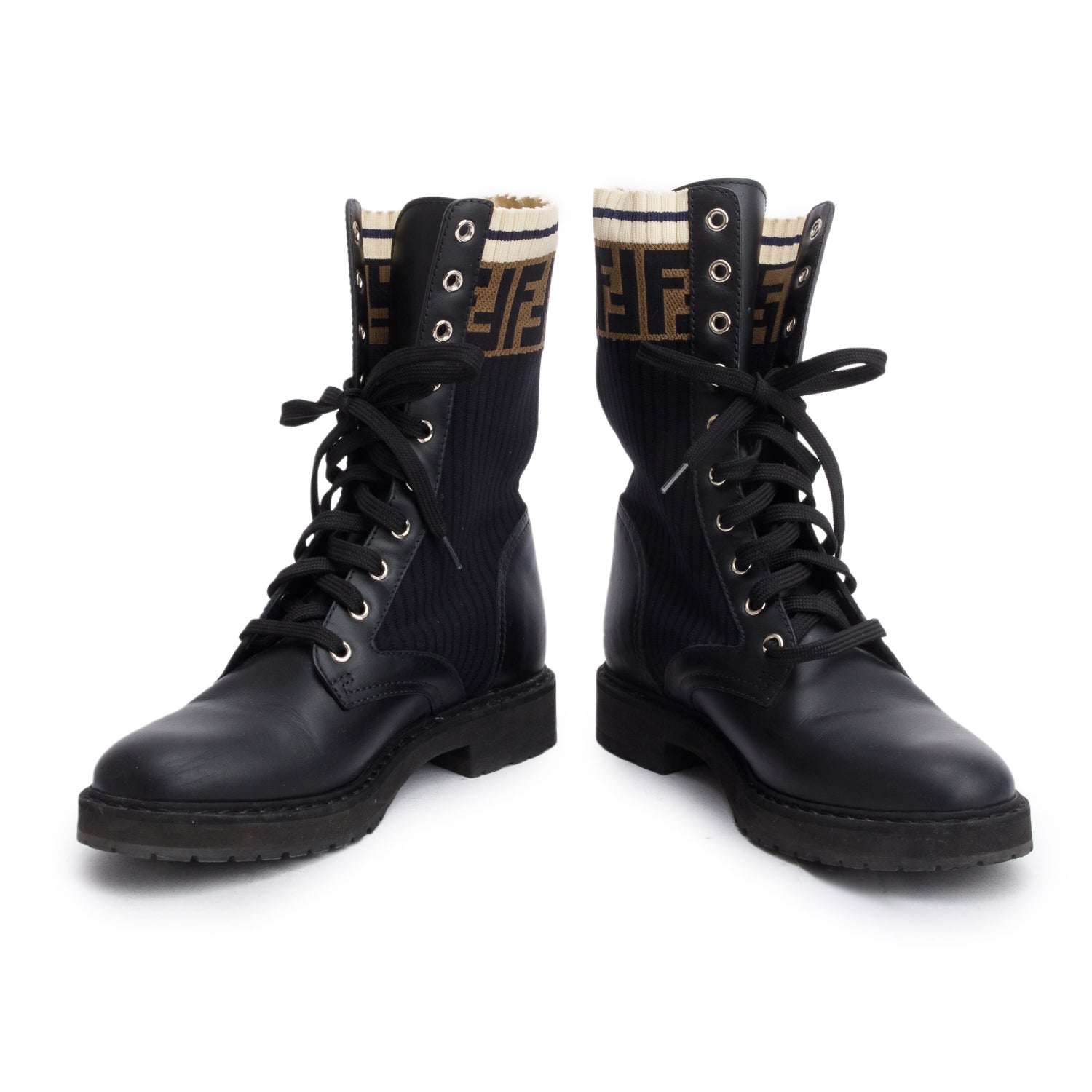 Fendi Black Leather FF Stretch Fabric Rockoko Biker Boots, Size 37