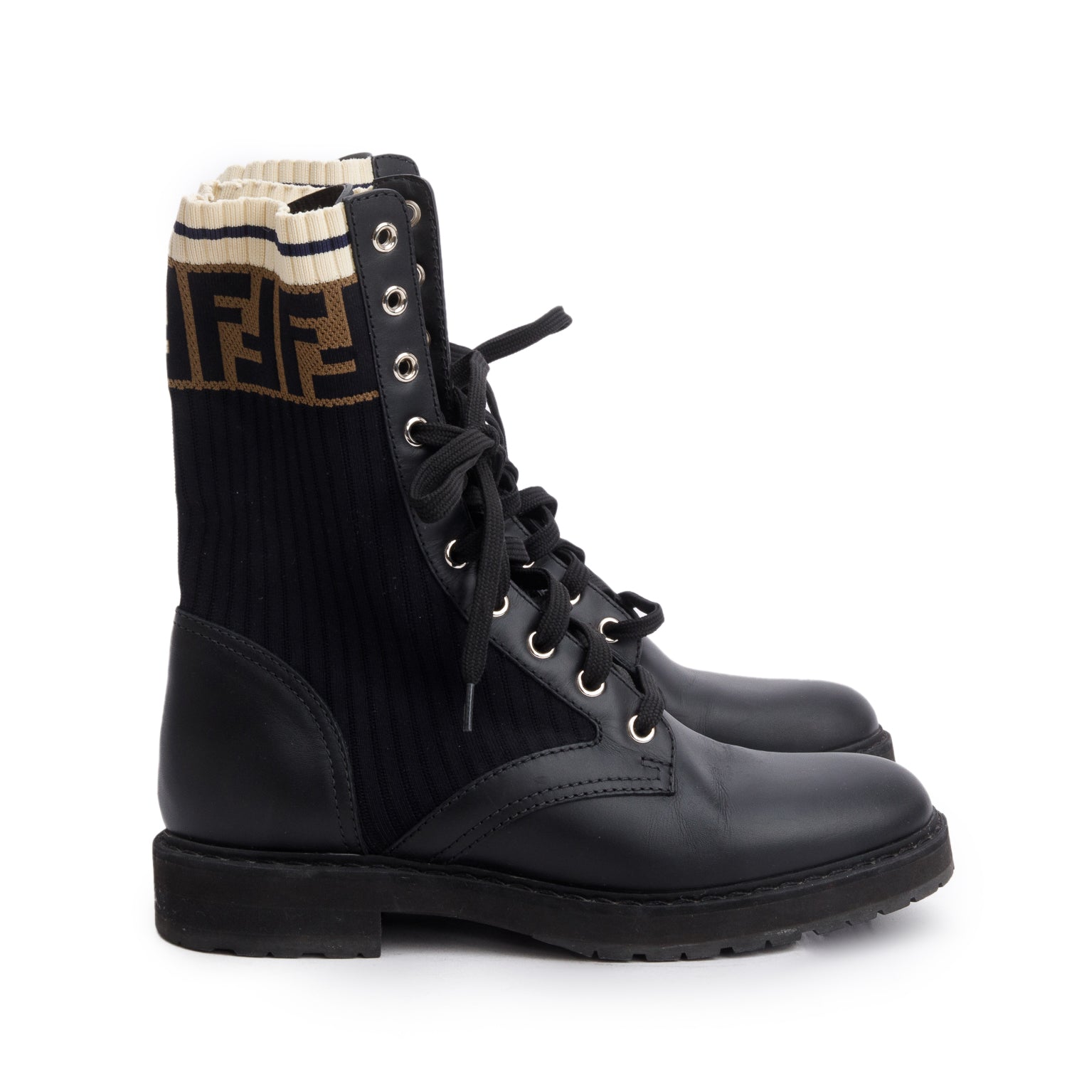 Fendi Black Leather FF Stretch Fabric Rockoko Biker Boots, Size 37