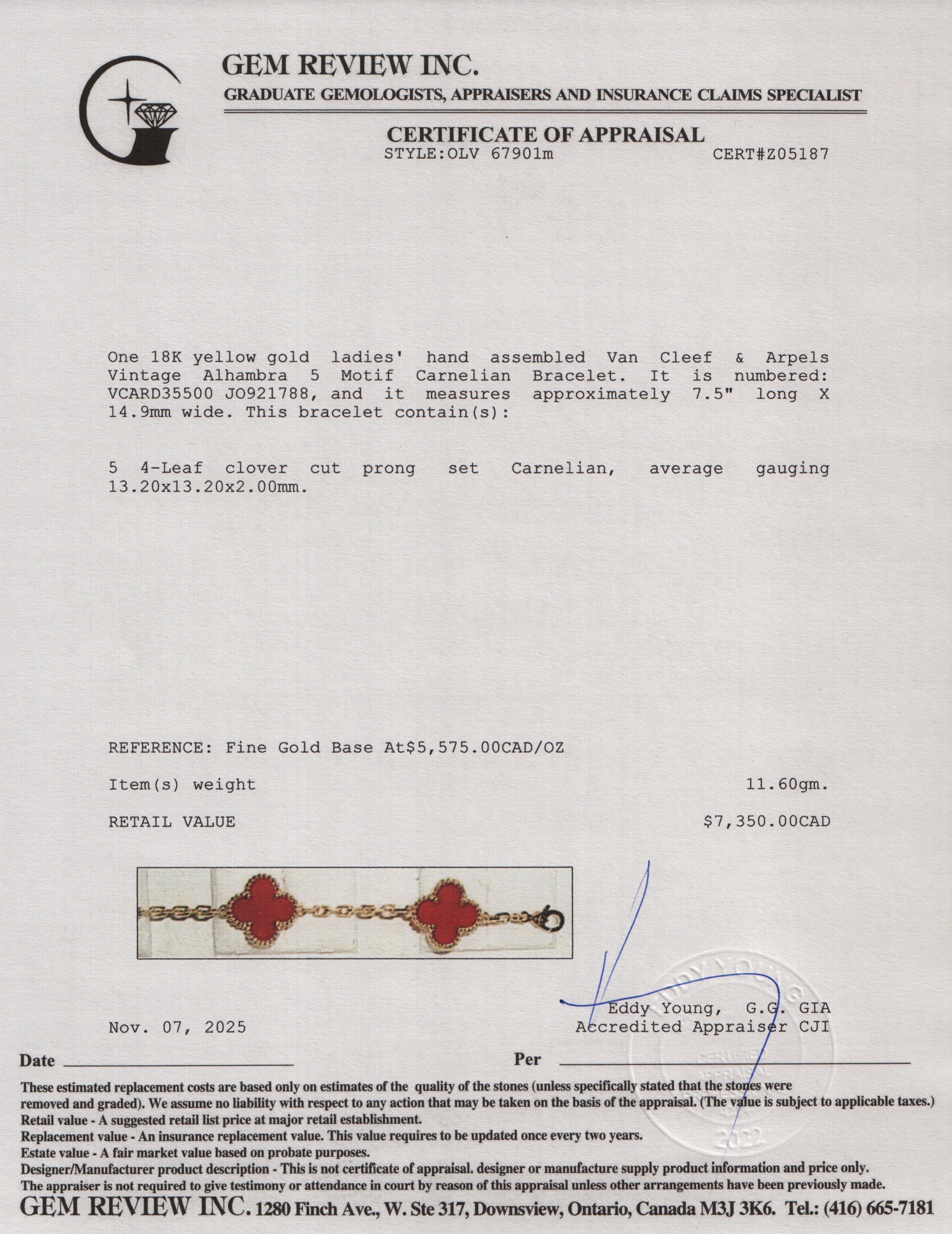 Van Cleef & Arpels 2025 18k Yellow Gold Vintage Alhambra 5 Motif Carnelian Bracelet w/ Pouch & Certificate