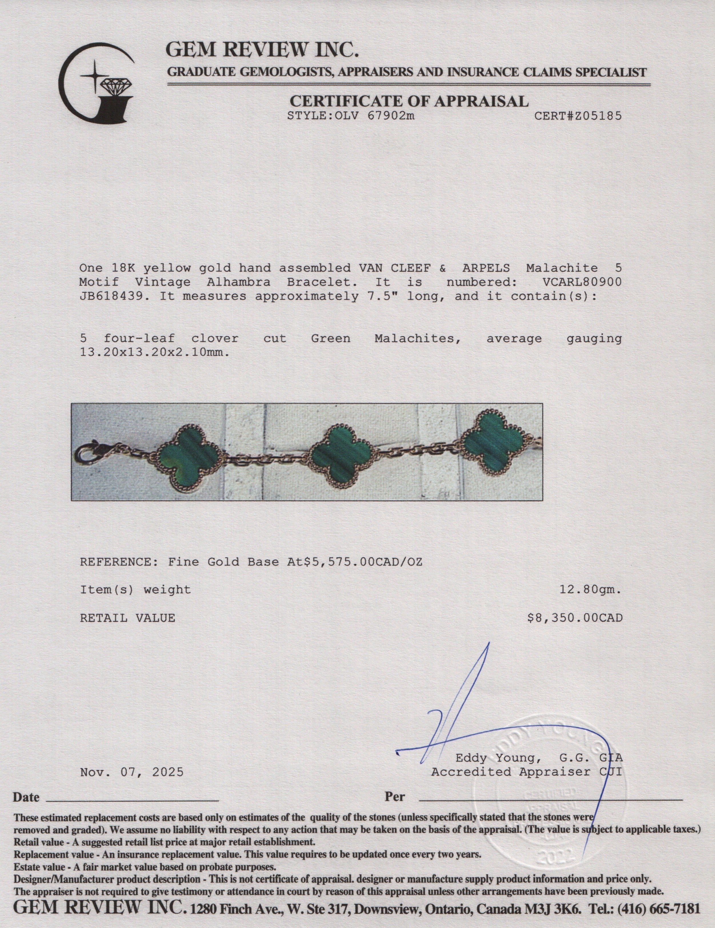 Van Cleef & Arpels 2020 18k Yellow Gold Vintage 5 Motif Malachite Bracelet w/ Box & Certificate