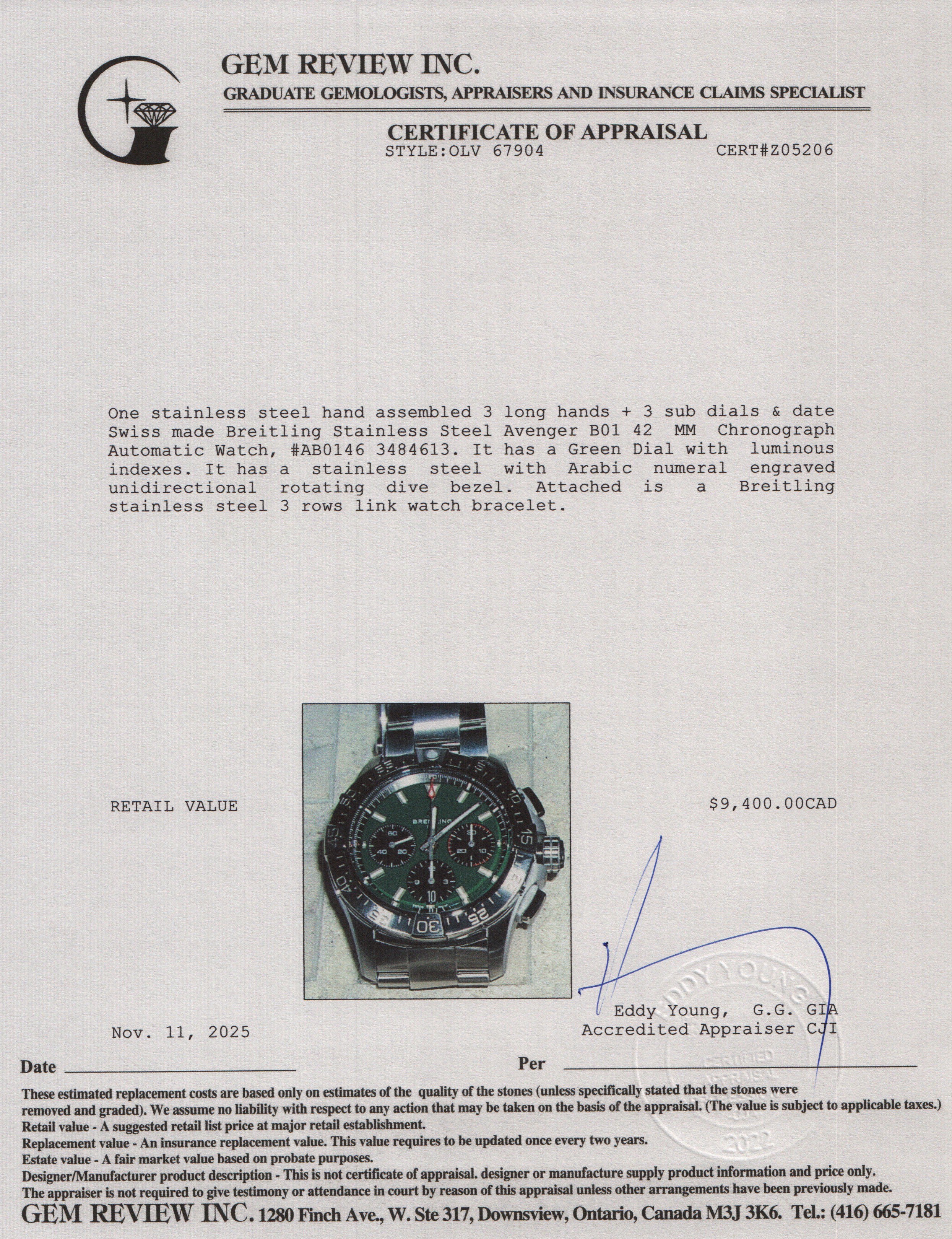 Breitling Stainless Steel Avenger B01 42 MM Chronograph Automatic Watch Green Dial AB0146 w/ Box & Papers