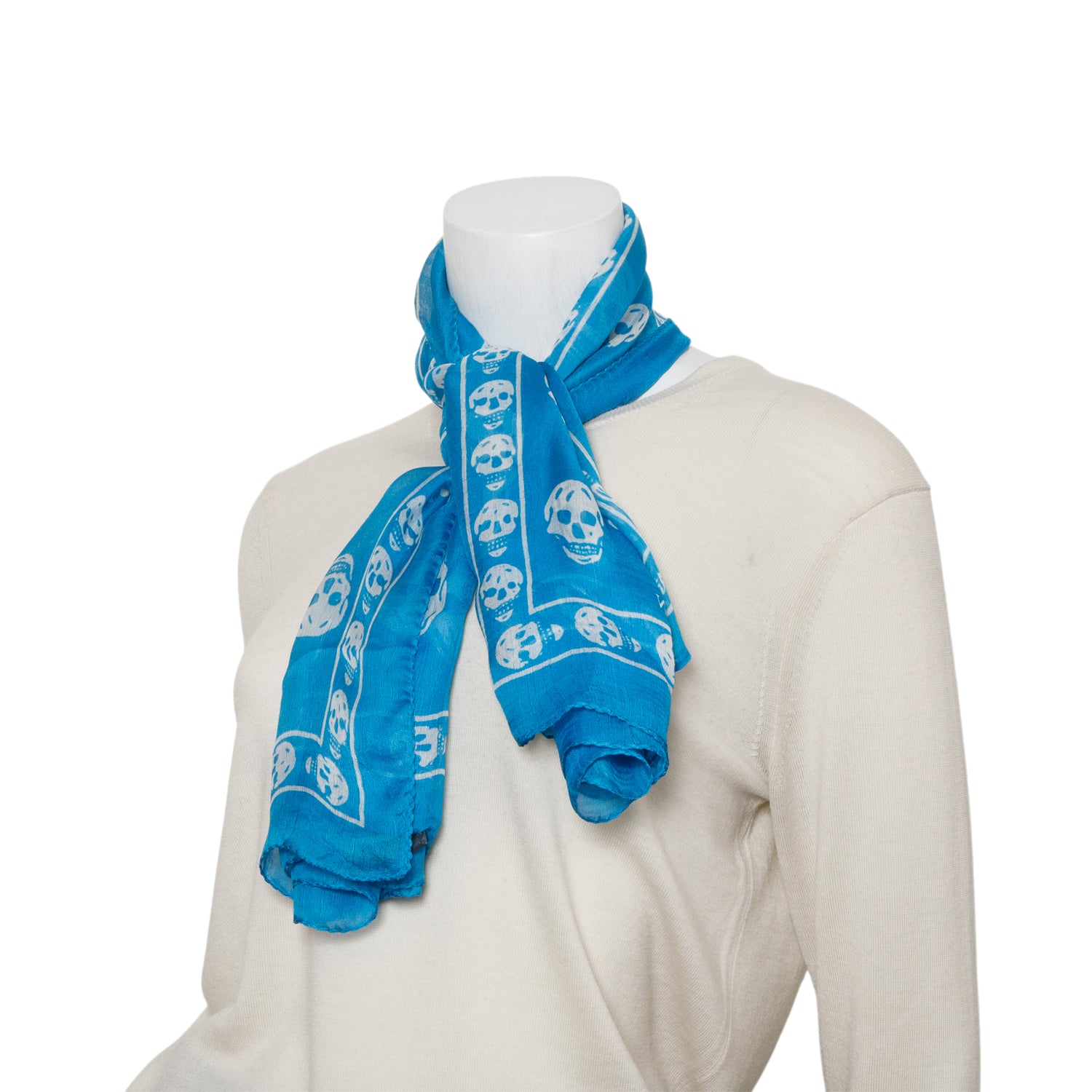 Alexander McQueen Blue/White Skull Printed Silk Scarf