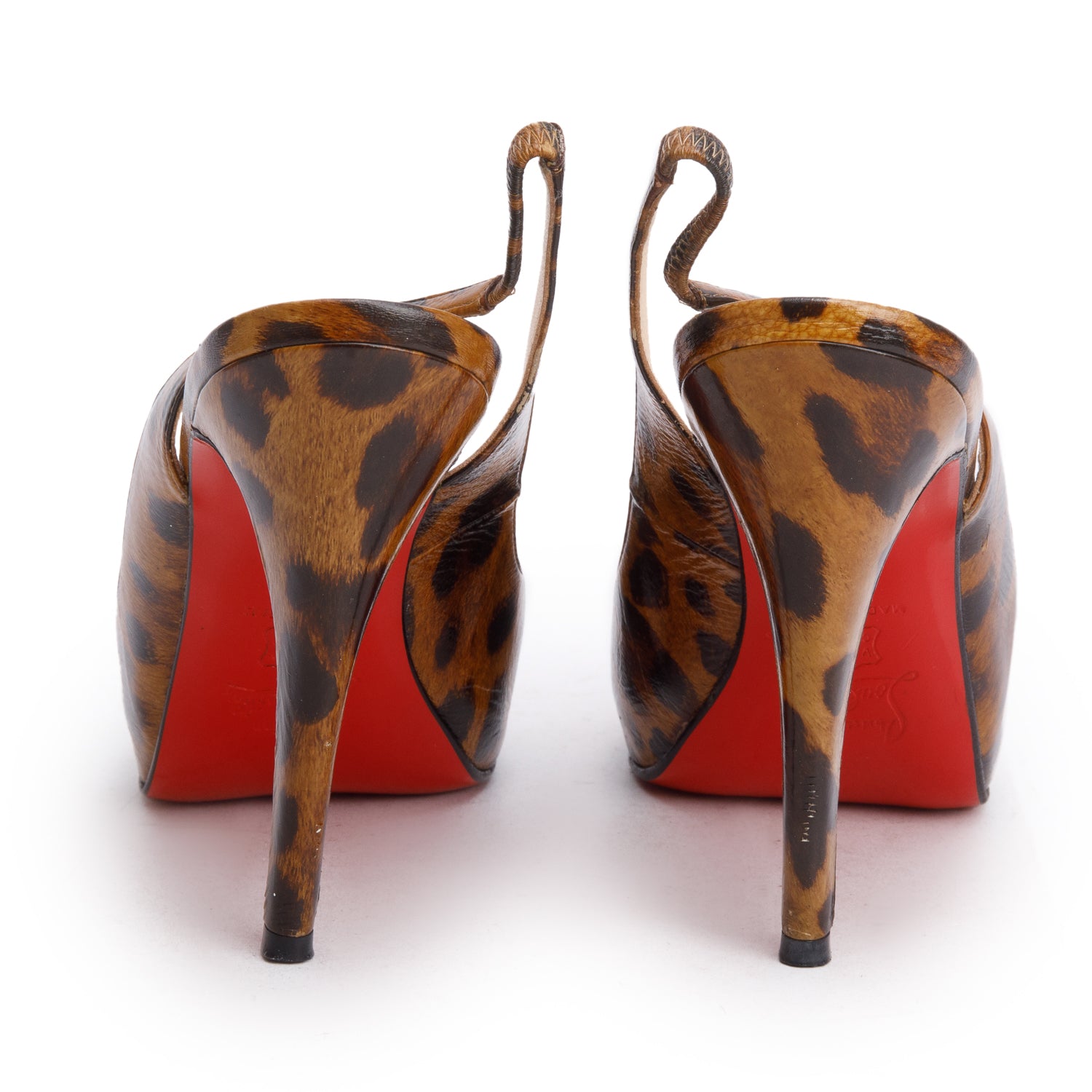Christian Louboutin Brown Leopard Print Leather Peep Toe Slingback Pumps, Size 36.5