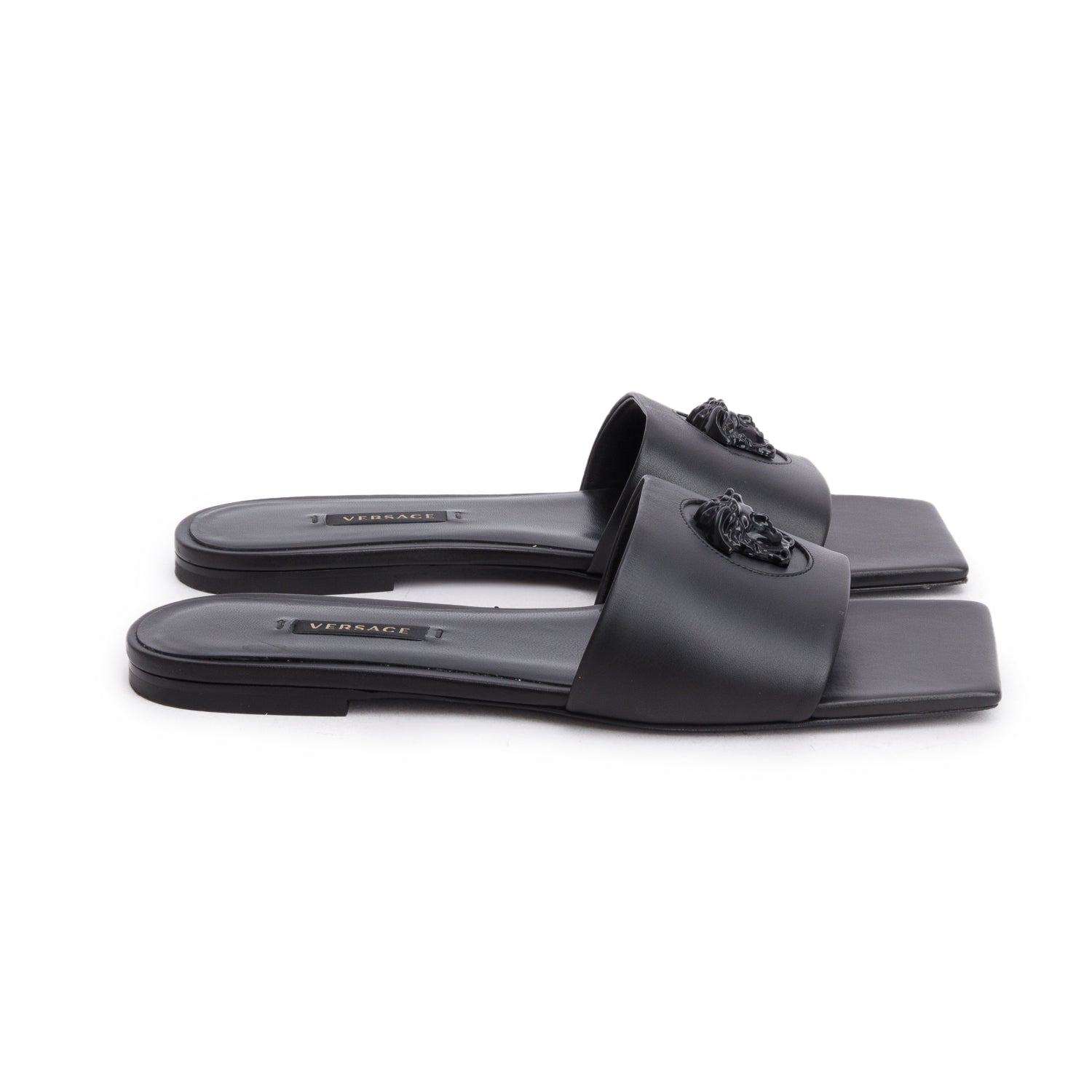 Versace Black Leather La Medusa Slide Sandals, Size 36