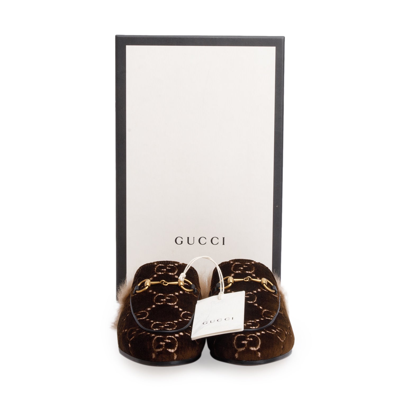 Gucci Brown Velvet GG Kid Fur Princetown Mules, Size 38 w/ Box