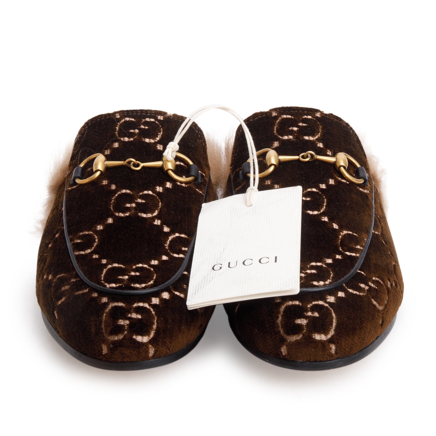 Gucci Brown Velvet GG Kid Fur Princetown Mules, Size 38 w/ Box