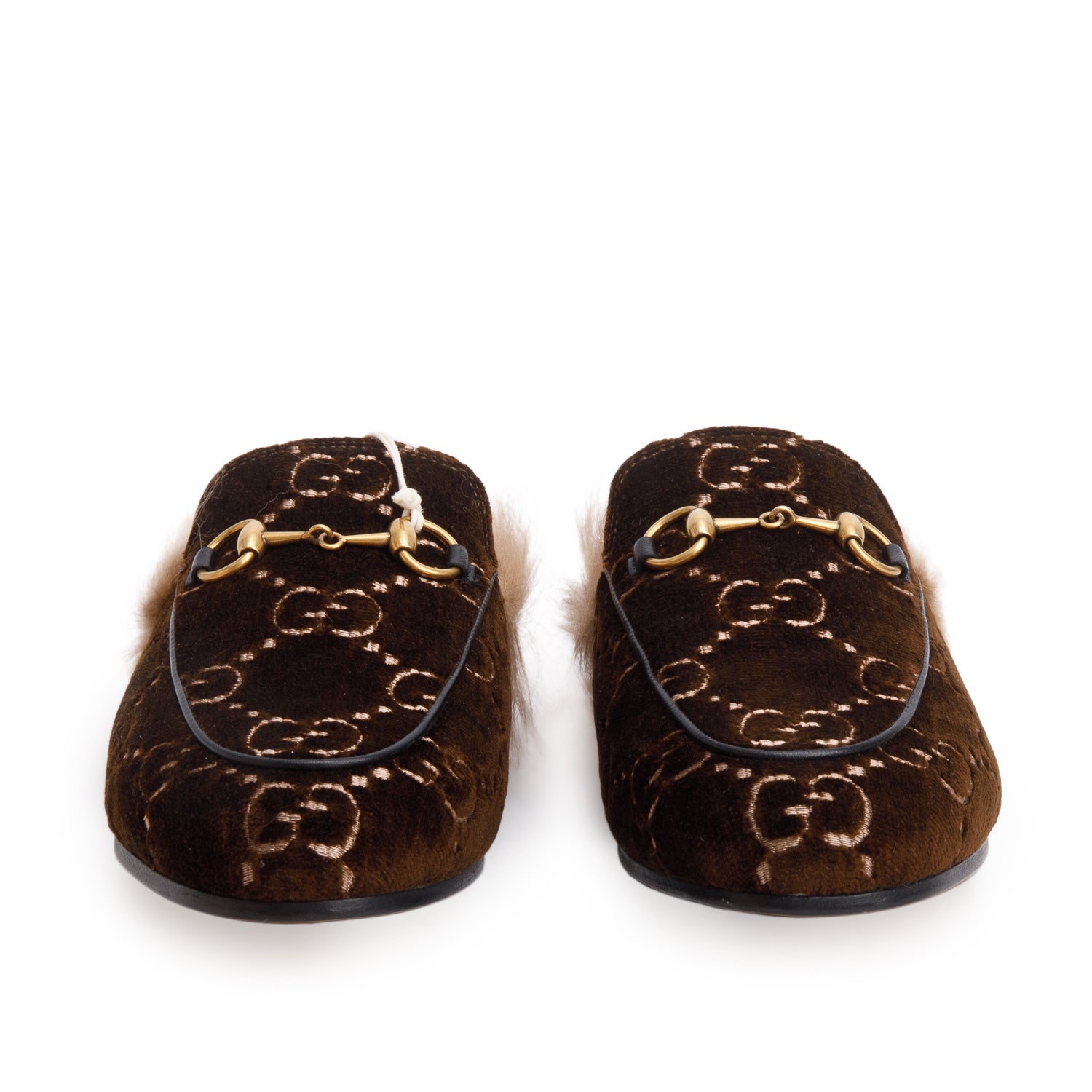 Gucci Brown Velvet GG Kid Fur Princetown Mules, Size 38 w/ Box
