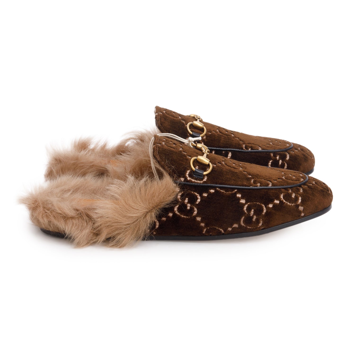 Gucci Brown Velvet GG Kid Fur Princetown Mules, Size 38 w/ Box