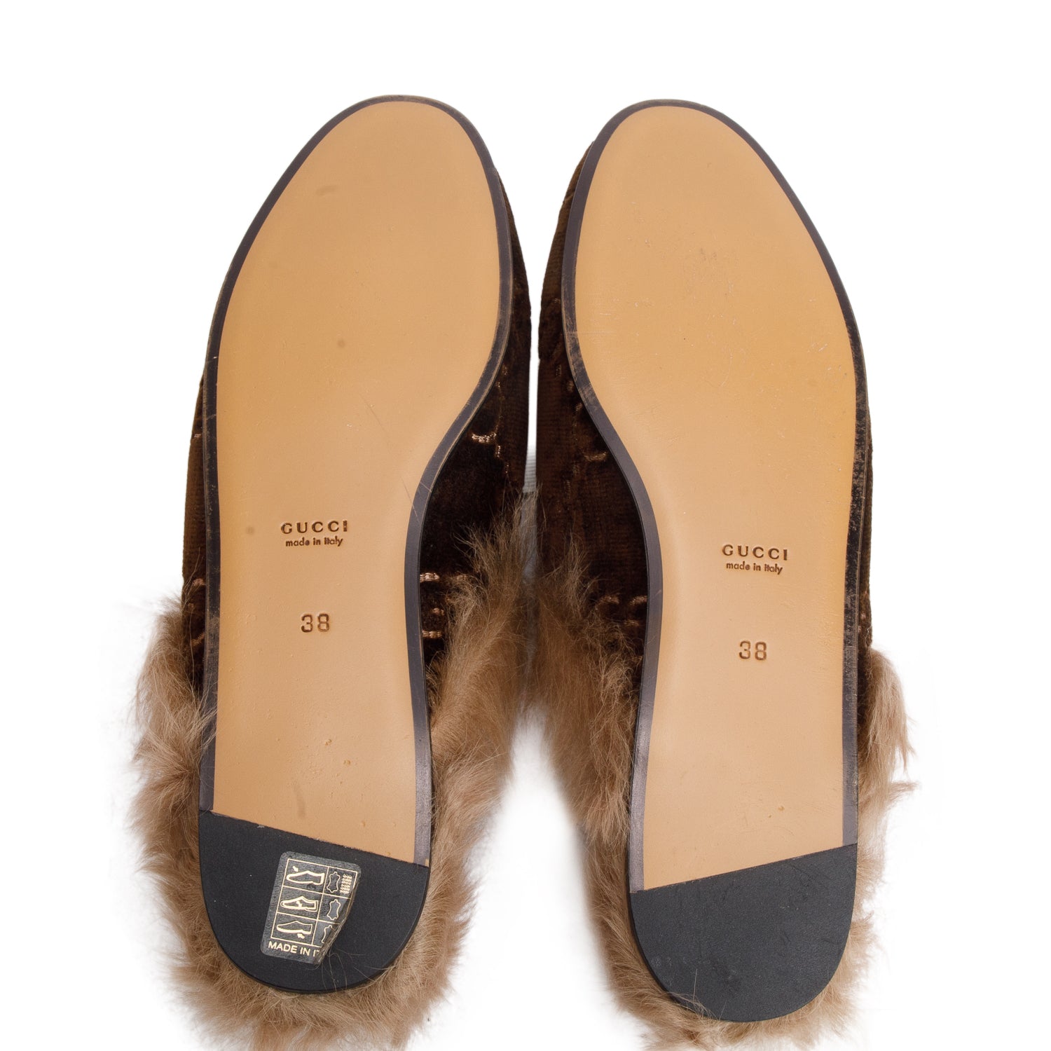 Gucci Brown Velvet GG Kid Fur Princetown Mules, Size 38 w/ Box