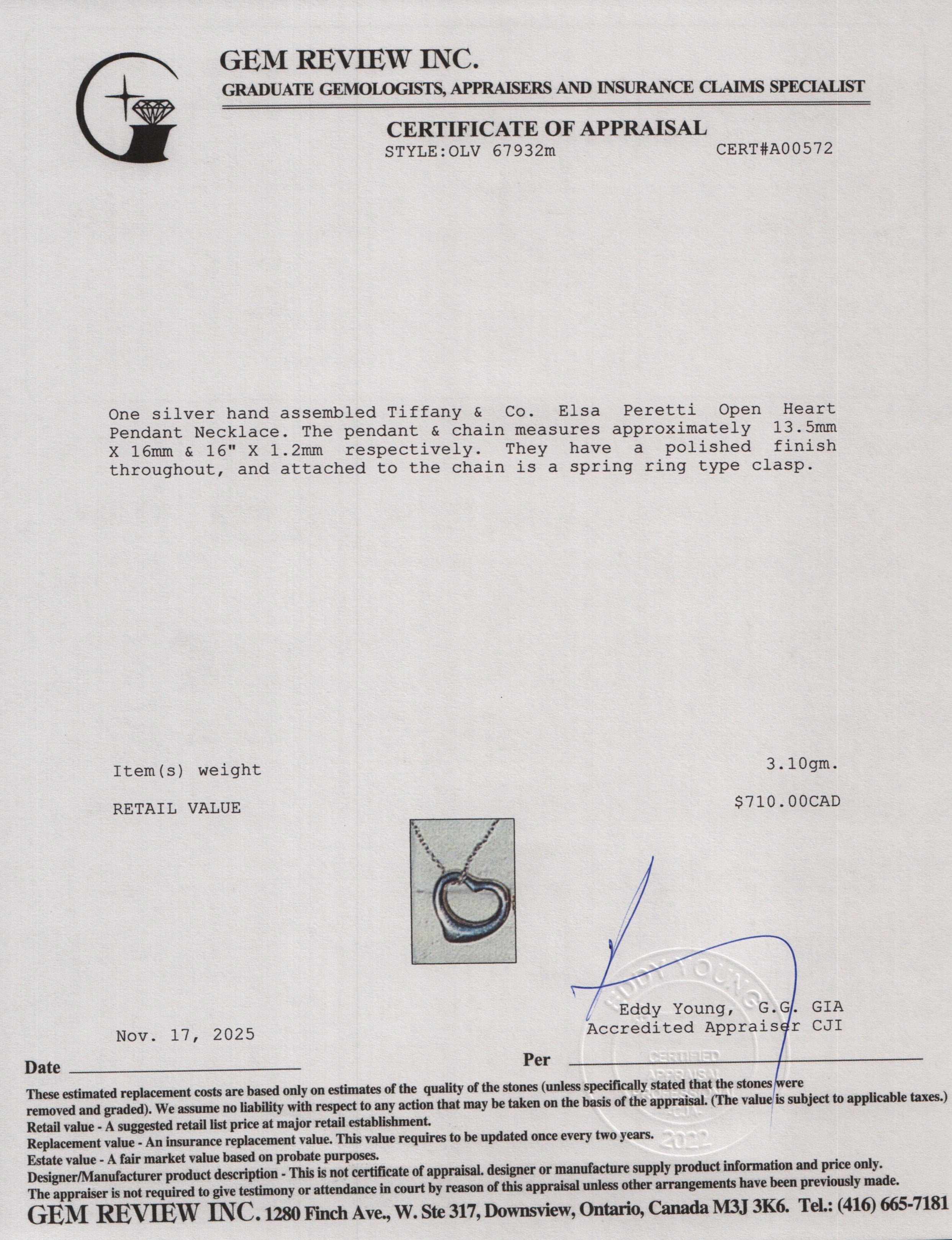 Tiffany & Co. Elsa Peretti Sterling Silver 16 MM Open Heart Pendant Necklace