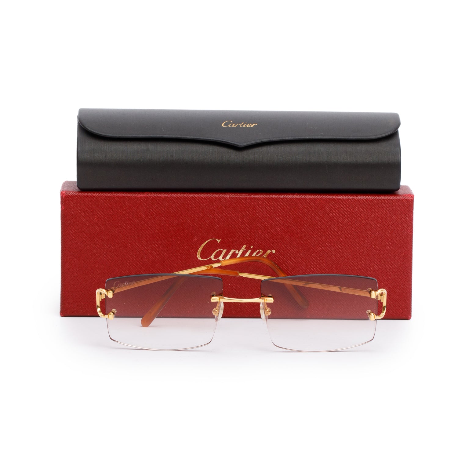 Cartier CT00920 Gold-Tone Metal Rimless Square Sunglasses w/ Box & Case