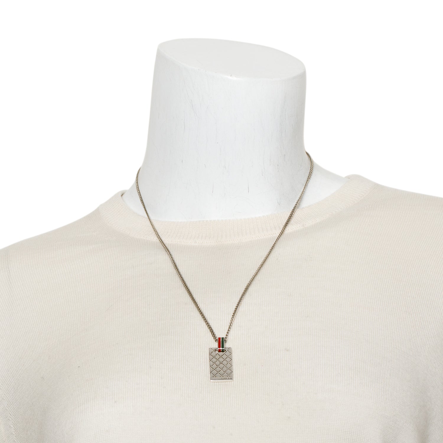 Gucci Blackened Sterling Silver & Enamel Diamantissima Dog Tag Pendant Necklace