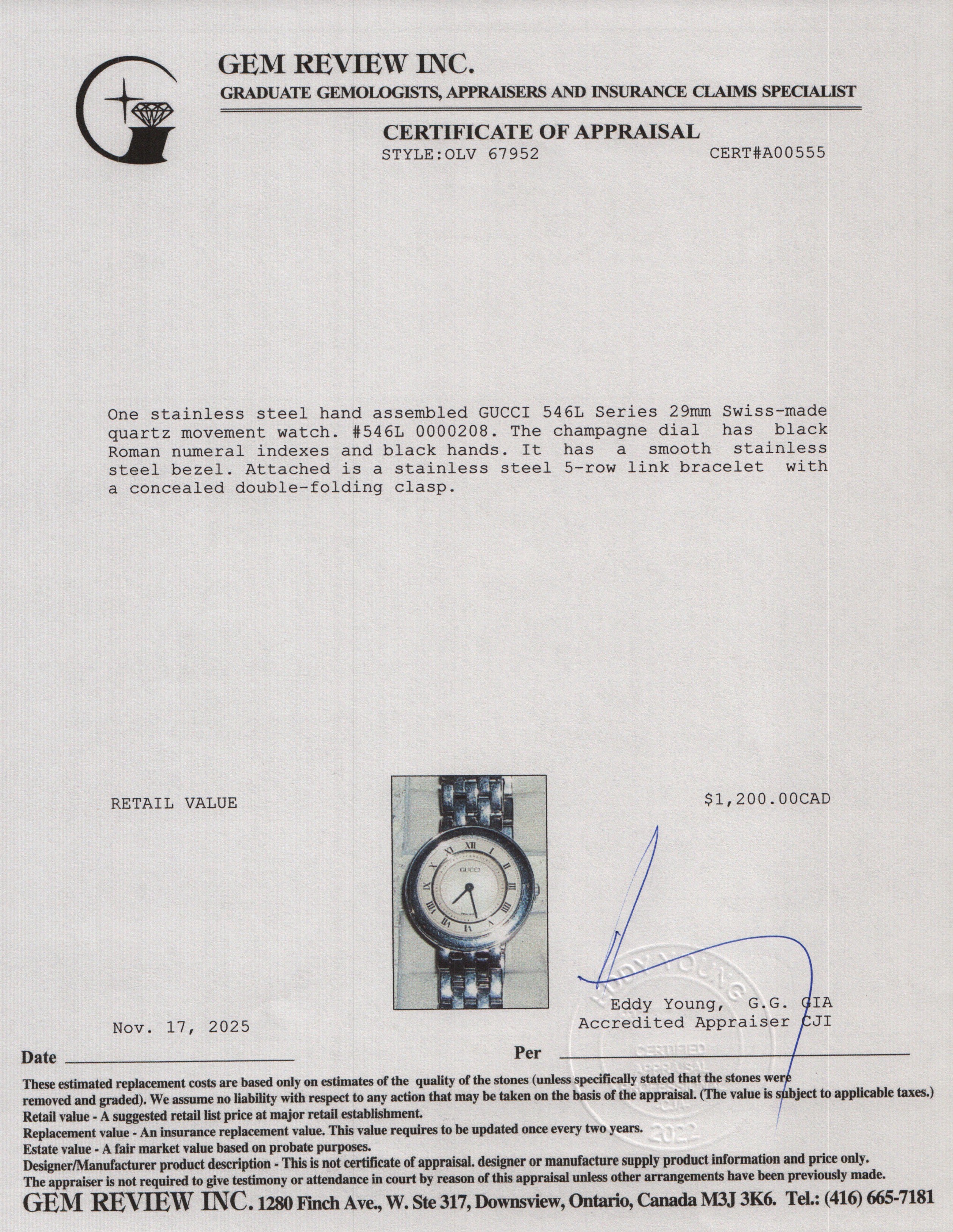 Gucci Stainless Steel 546L Series 29 MM Watch  Silver Dial