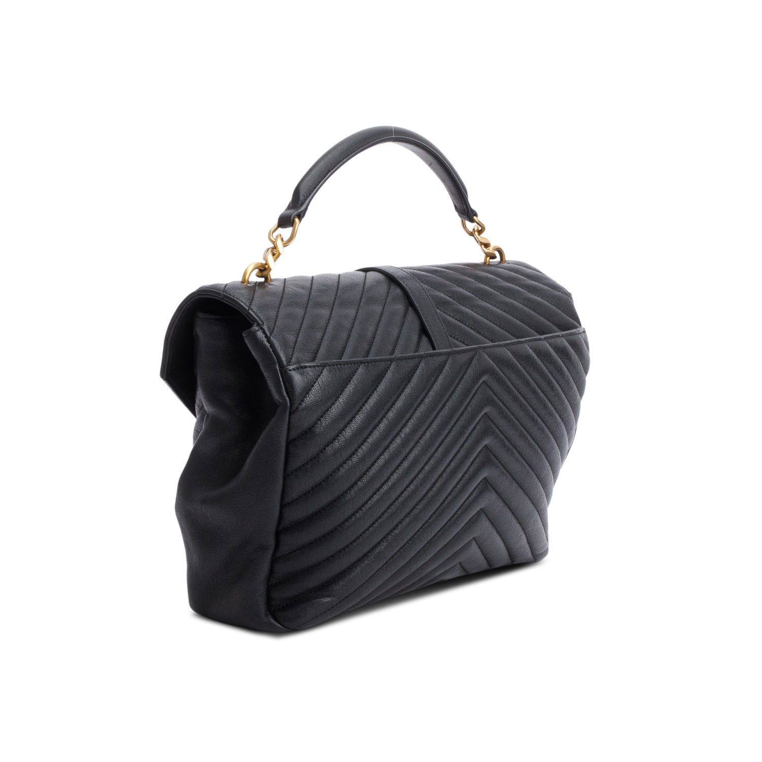 Saint Laurent Black Leather Large Chevron College Bag w/ Strap