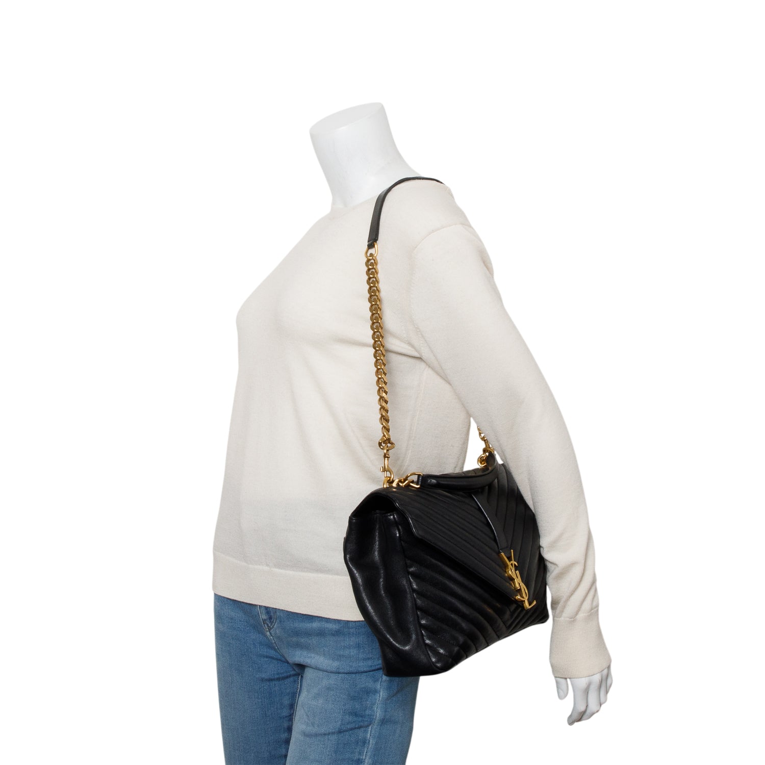 Saint Laurent Black Leather Large Chevron College Bag w/ Strap