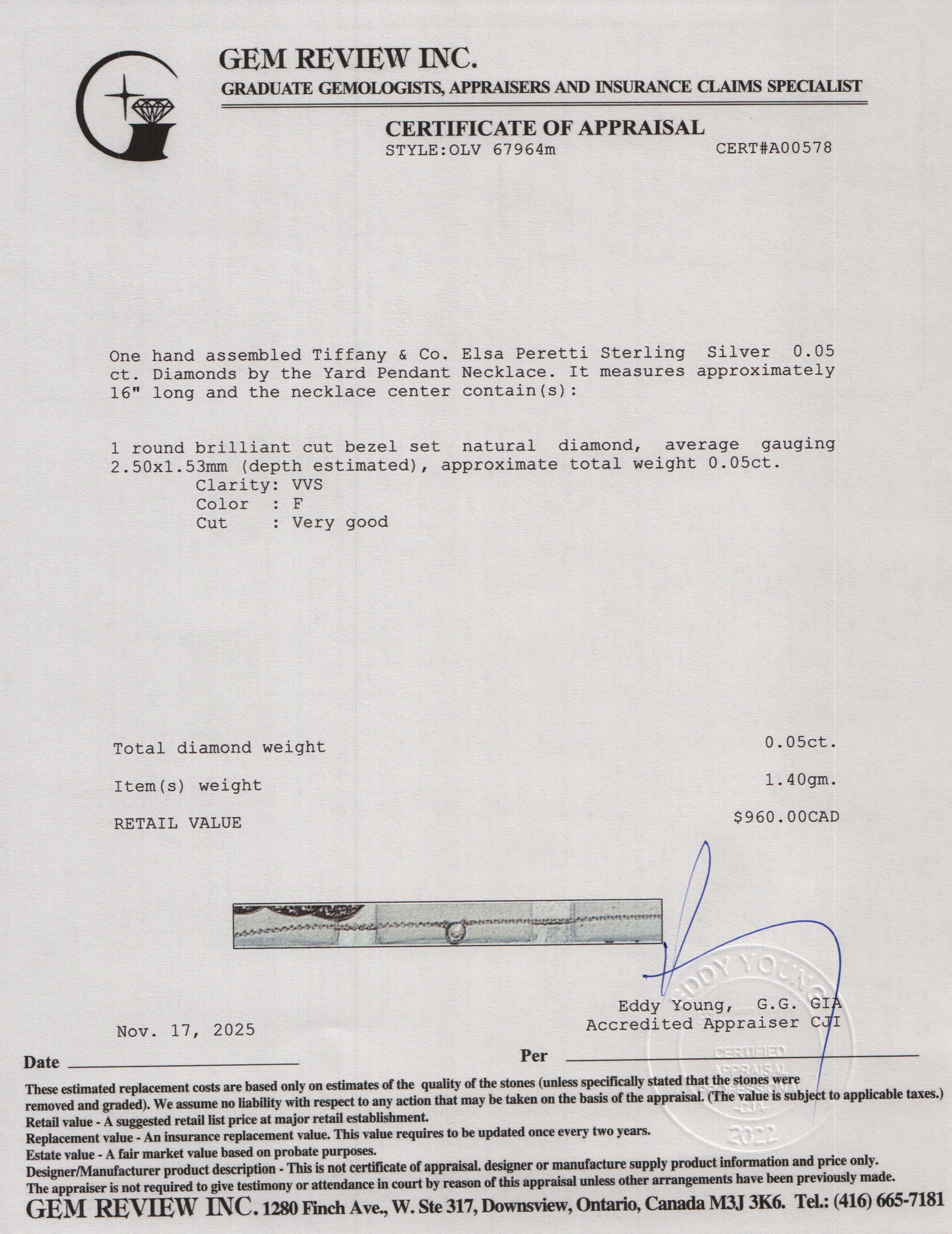 Tiffany & Co. Elsa Peretti Sterling Silver 0.05 ct. Diamonds by the Yard Pendant Necklace