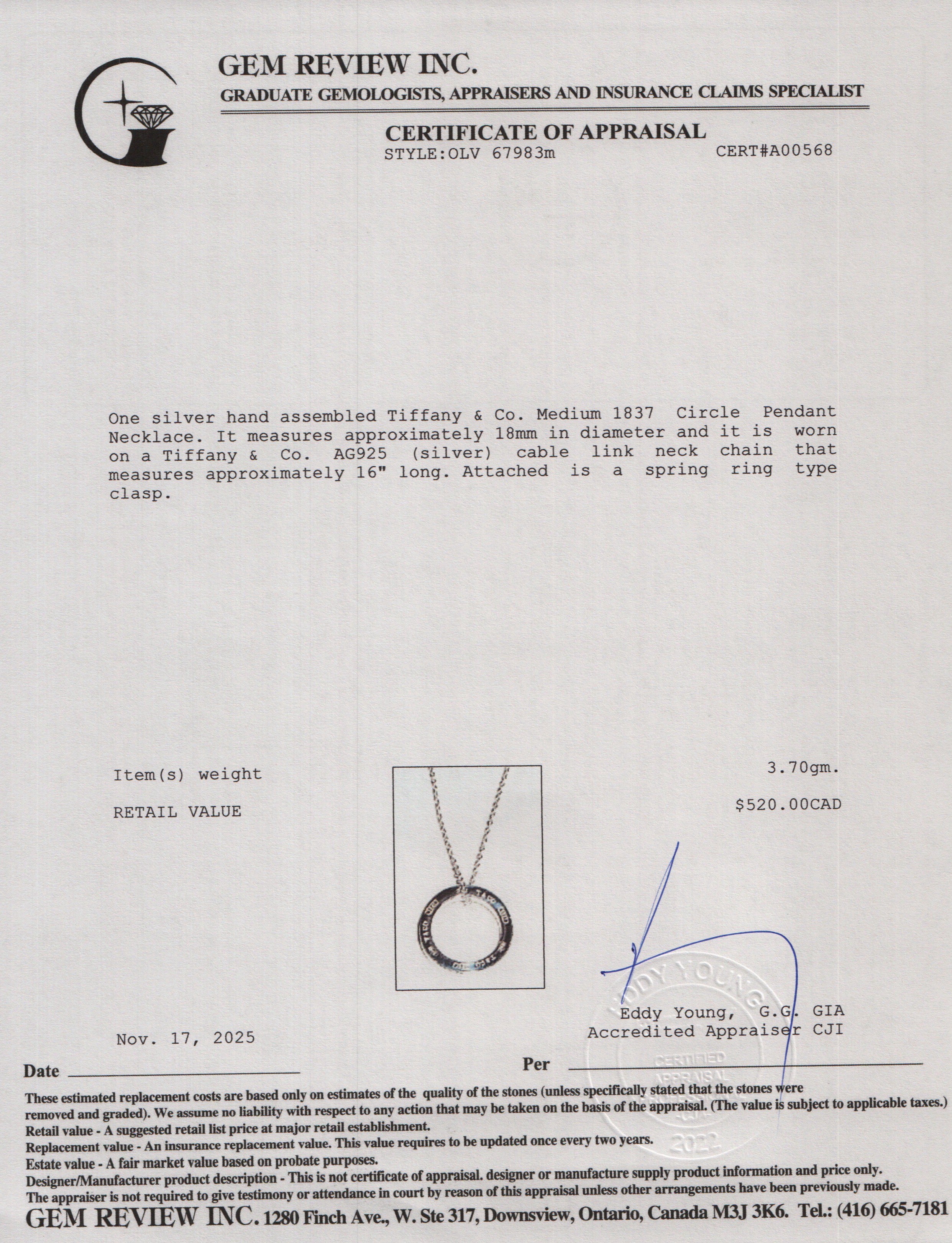 Tiffany & Co. Sterling Silver Medium 1837 Circle Pendant Necklace