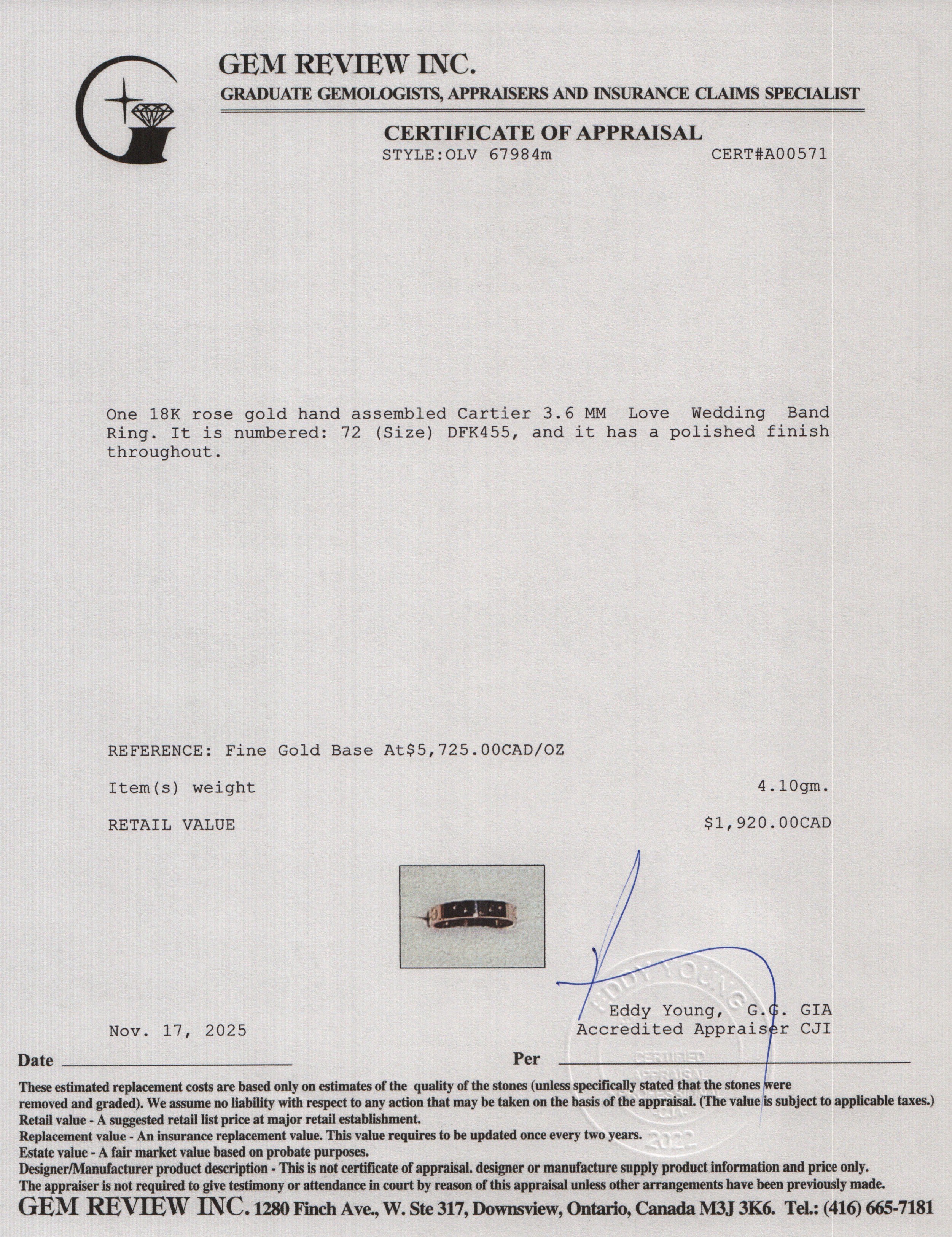 Cartier 18k Rose Gold 3.6 MM Love Wedding Band Ring, Size 72 14