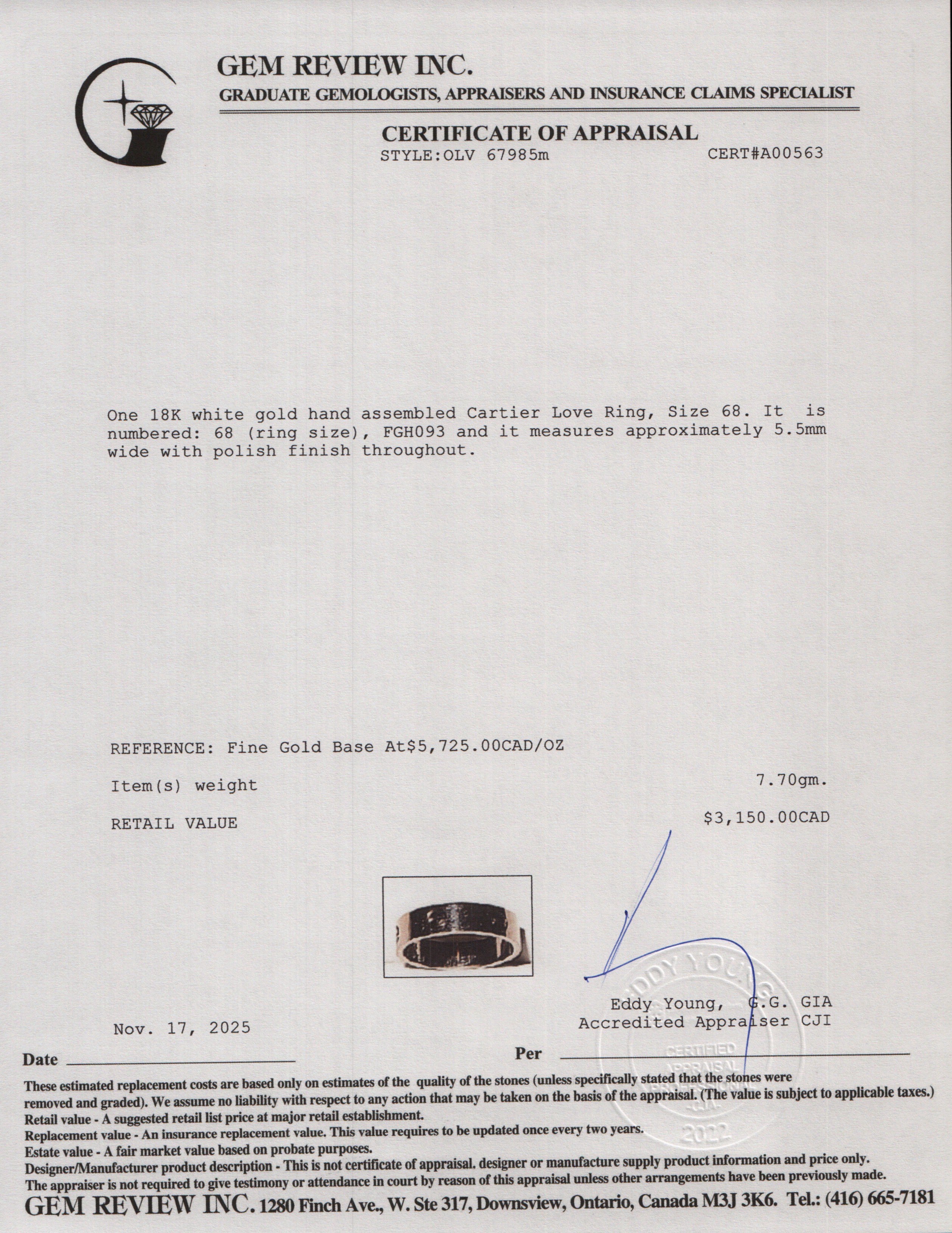 Cartier 18k White Gold 5.5 MM Love Ring, Classic Model, Size 68 12.5