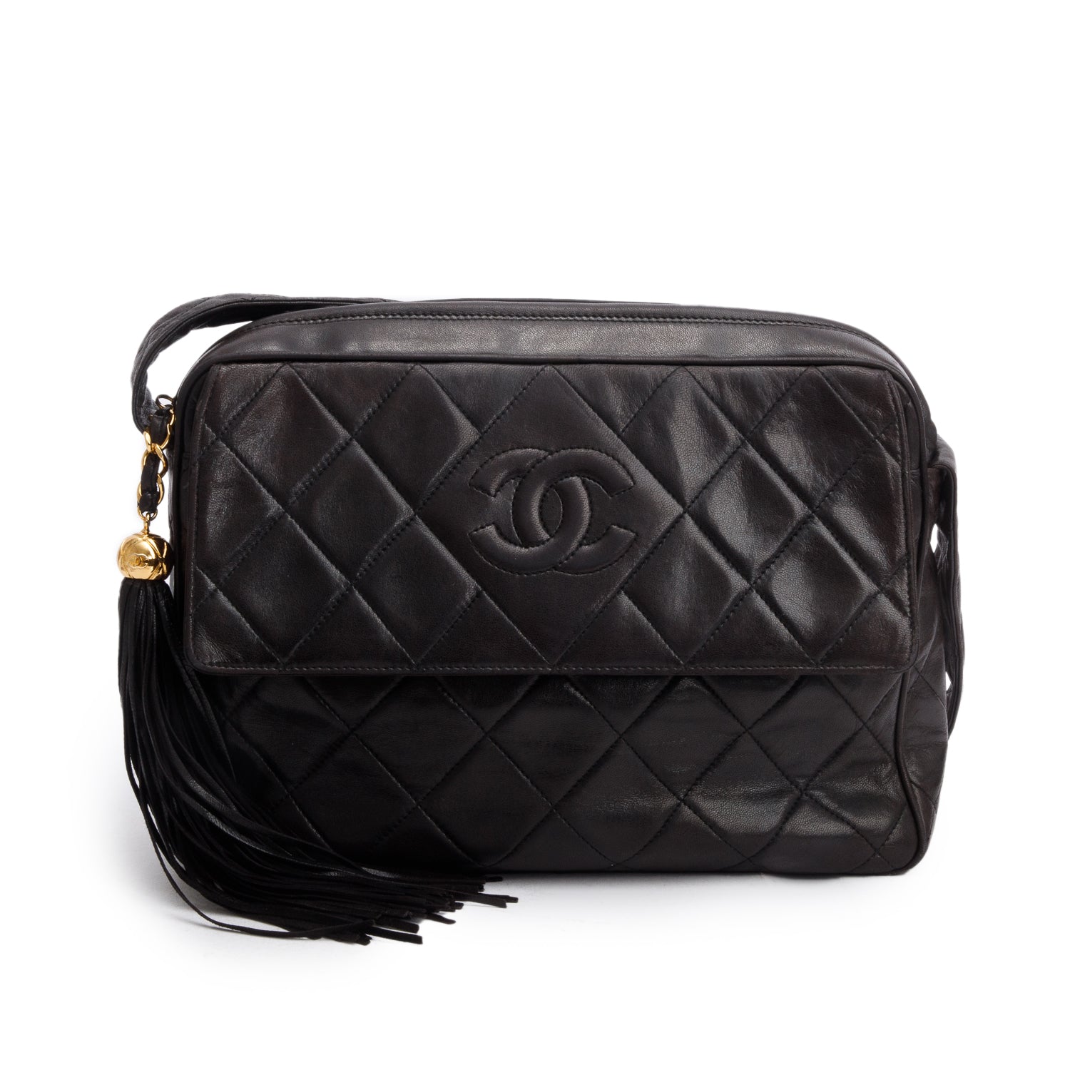 Chanel Vintage Black Lambskin Quilted CC Tassel Camera Bag