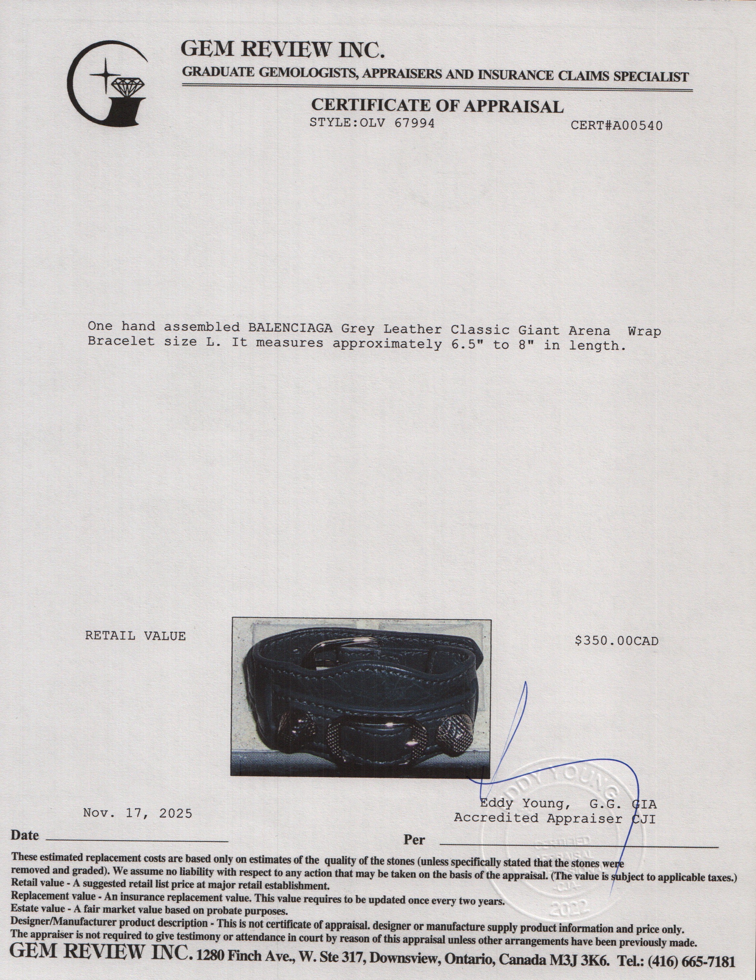 Balenciaga Grey Leather Classic Giant Arena Wrap Bracelet, L