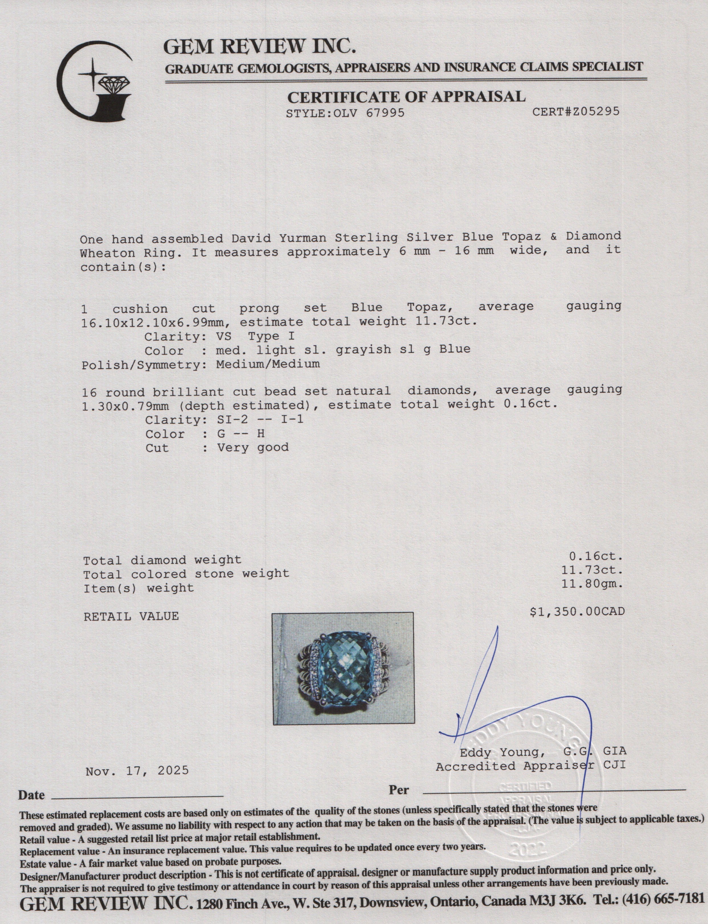 David Yurman Sterling Silver Blue Topaz & Diamond Wheaton Ring, Size 7