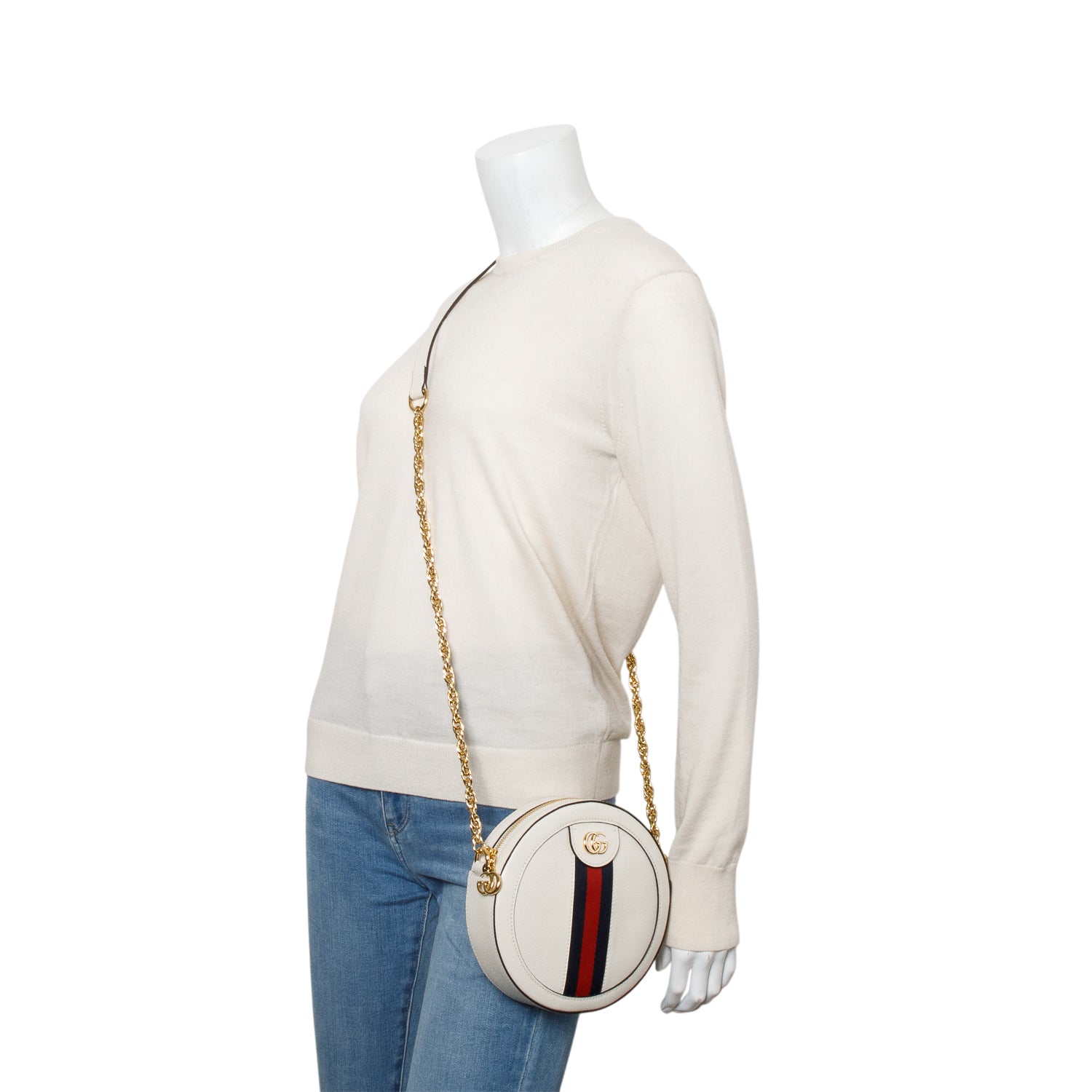 Gucci White Textured Calfskin Web Mini Ophidia Crossbody Bag