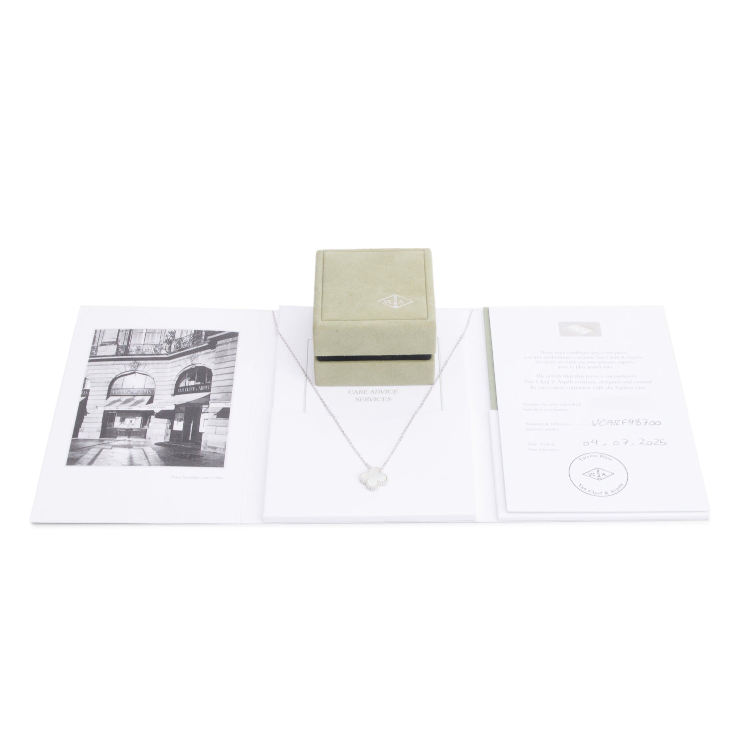 Van Cleef & Arpels 2025 18k White Gold Vintage Alhambra Mother of Pearl Pendant Necklace w/ Box, Receipt & Certificate