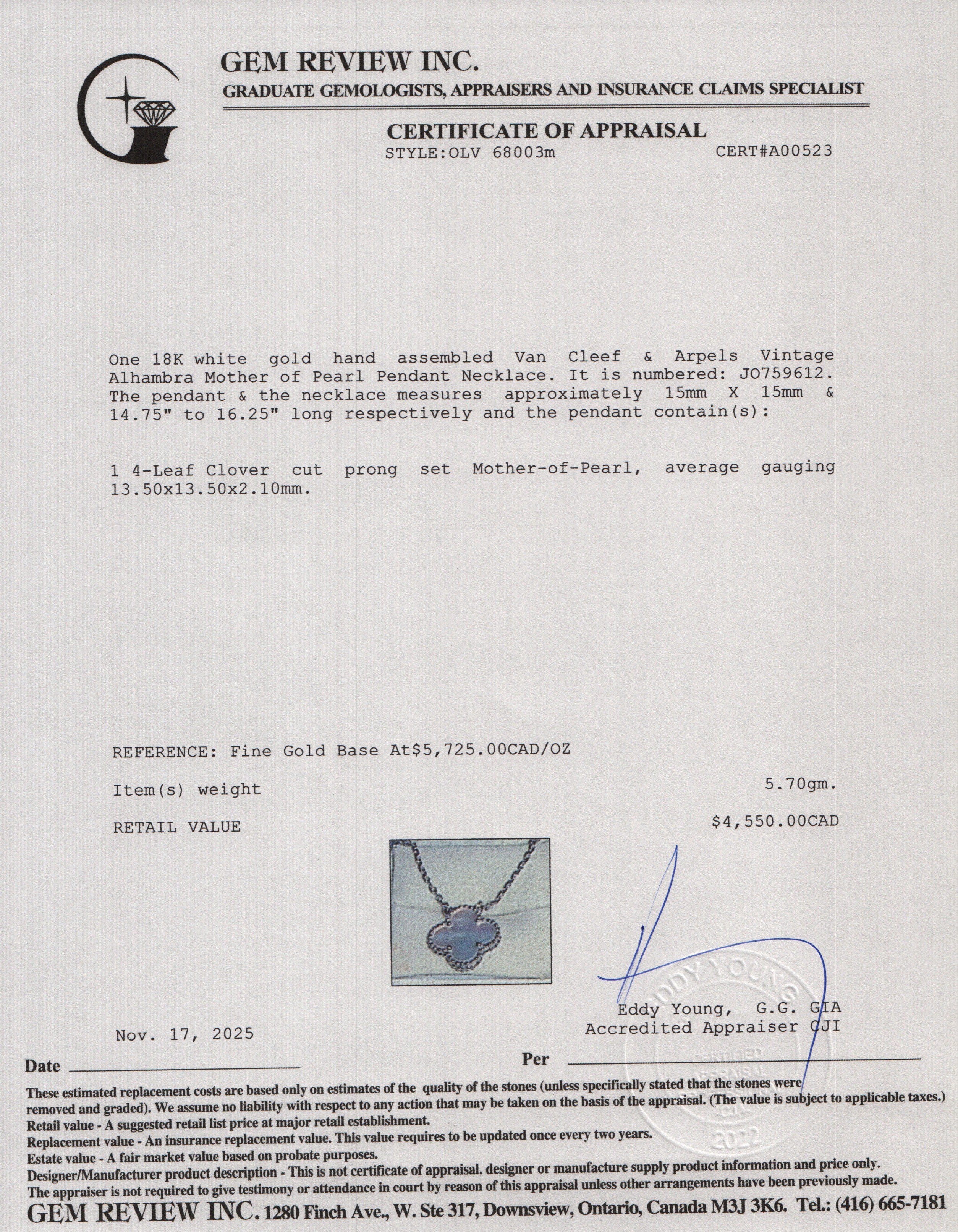 Van Cleef & Arpels 2025 18k White Gold Vintage Alhambra Mother of Pearl Pendant Necklace w/ Box, Receipt & Certificate