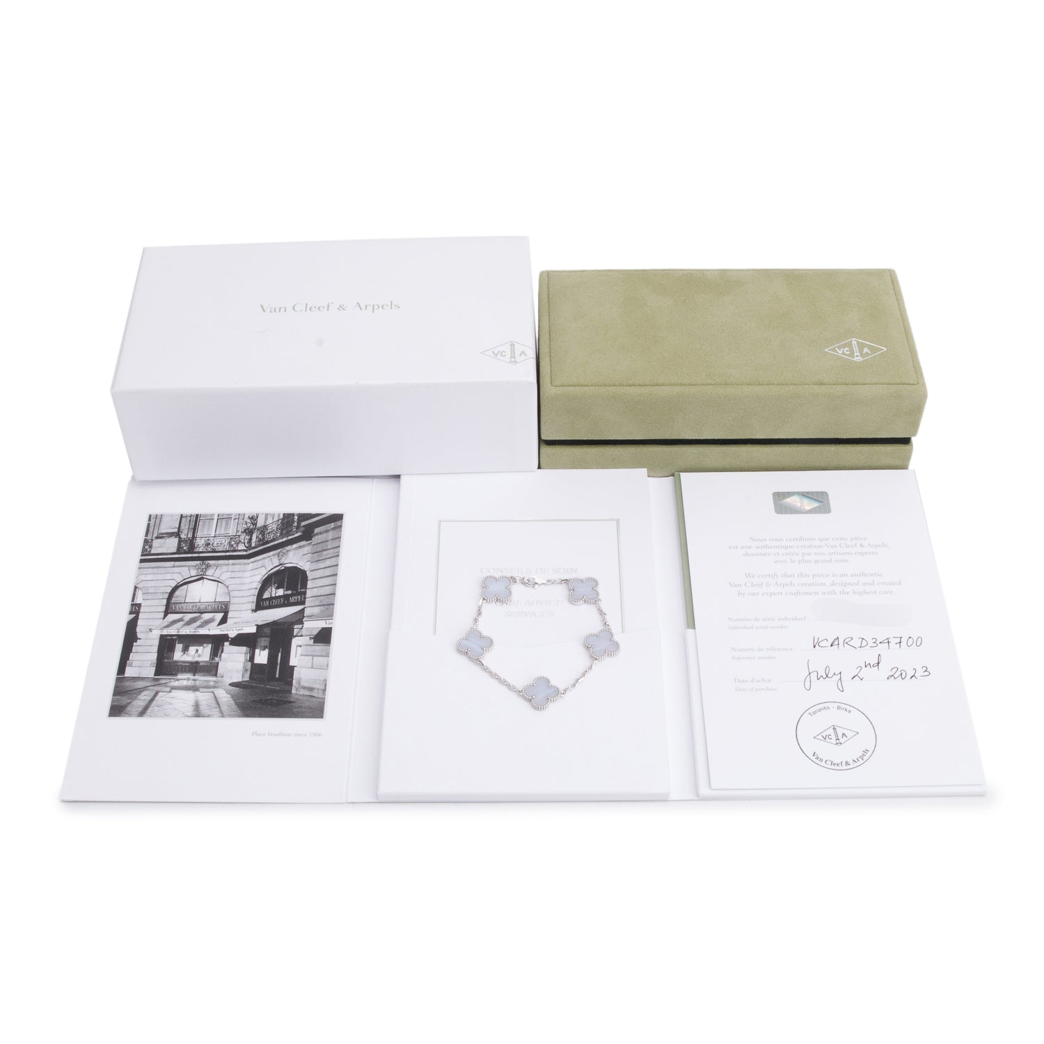 Van Cleef & Arpels 2023 18k White Gold Vintage Alhambra 5 Motif Chalcedony Bracelet w/ Box, Receipt & Certificate