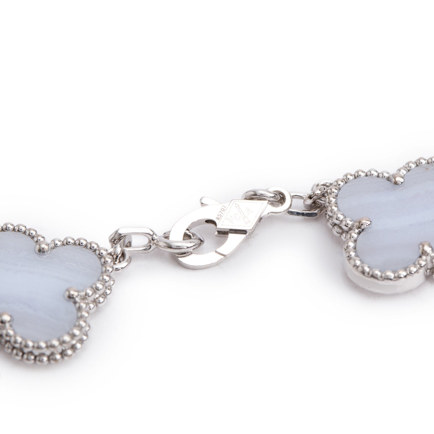 Van Cleef & Arpels 2023 18k White Gold Vintage Alhambra 5 Motif Chalcedony Bracelet w/ Box, Receipt & Certificate