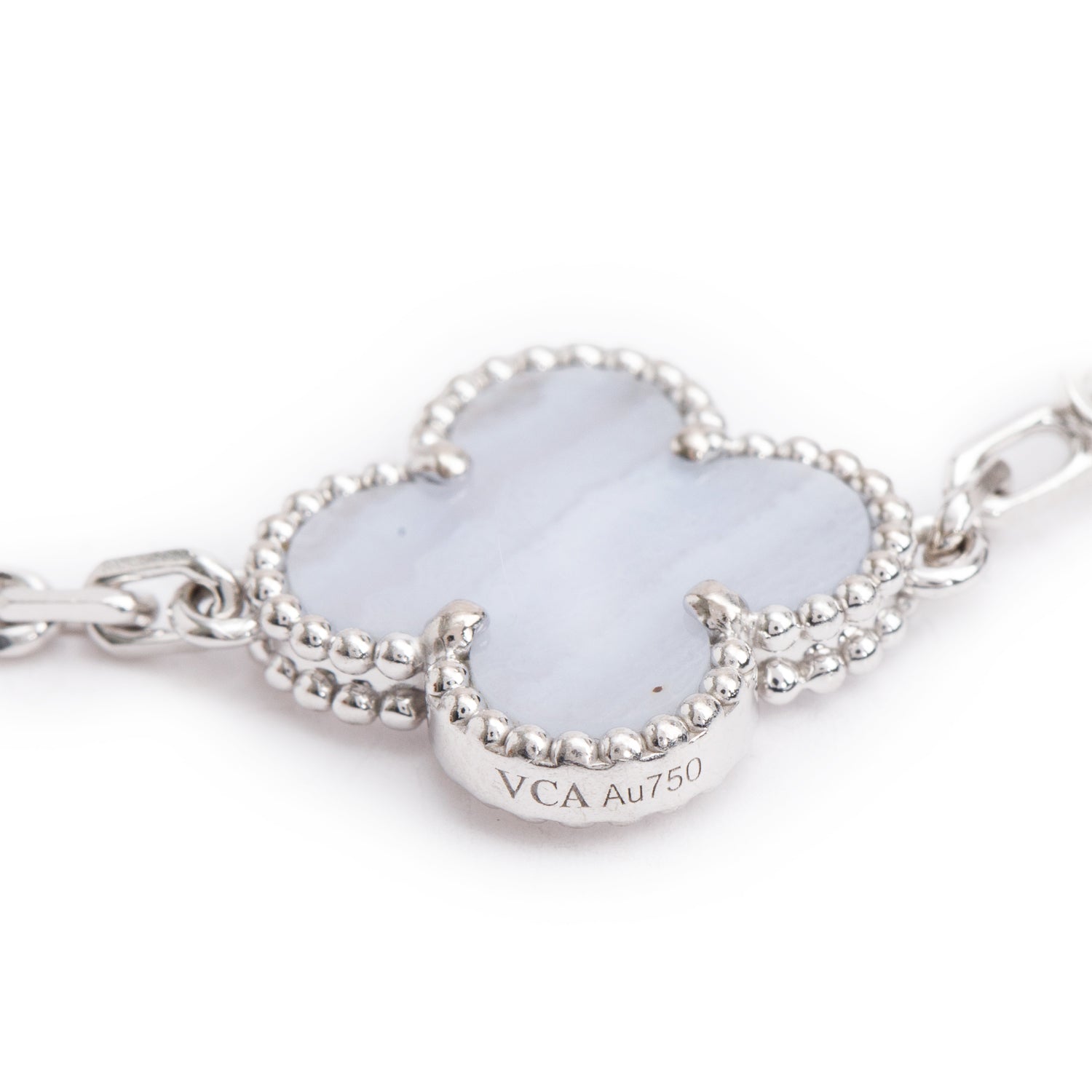 Van Cleef & Arpels 2023 18k White Gold Vintage Alhambra 5 Motif Chalcedony Bracelet w/ Box, Receipt & Certificate
