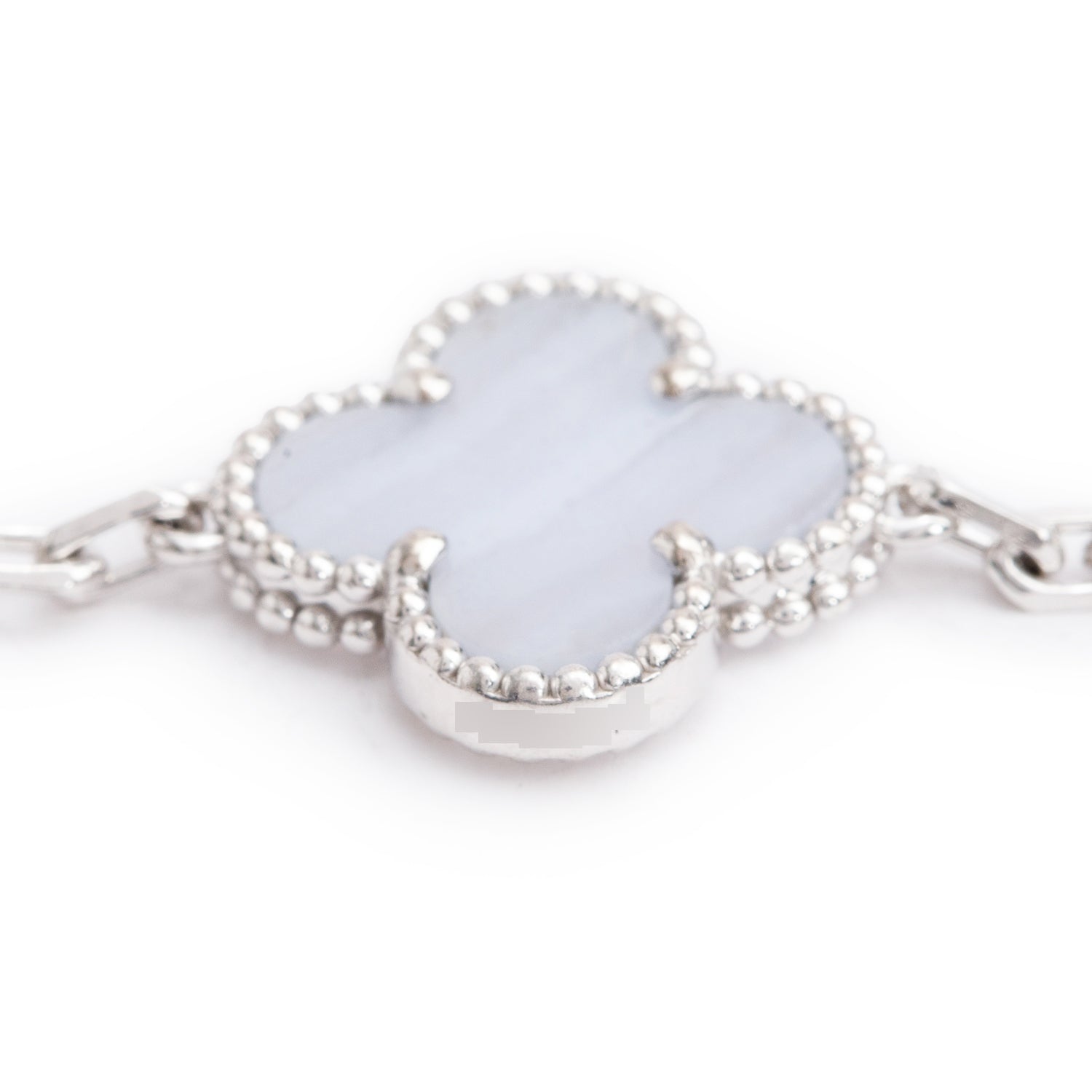 Van Cleef & Arpels 2023 18k White Gold Vintage Alhambra 5 Motif Chalcedony Bracelet w/ Box, Receipt & Certificate