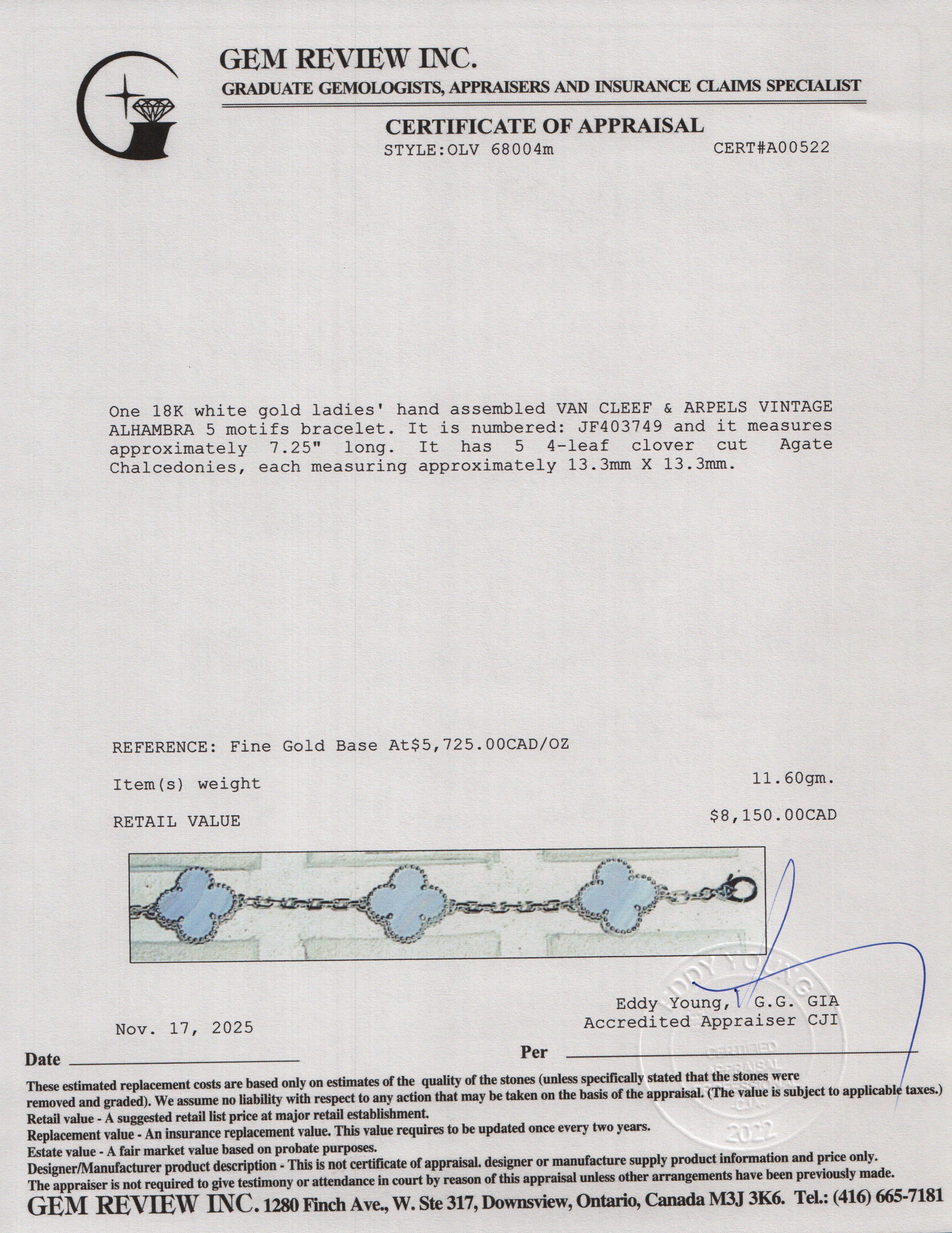 Van Cleef & Arpels 2023 18k White Gold Vintage Alhambra 5 Motif Chalcedony Bracelet w/ Box, Receipt & Certificate