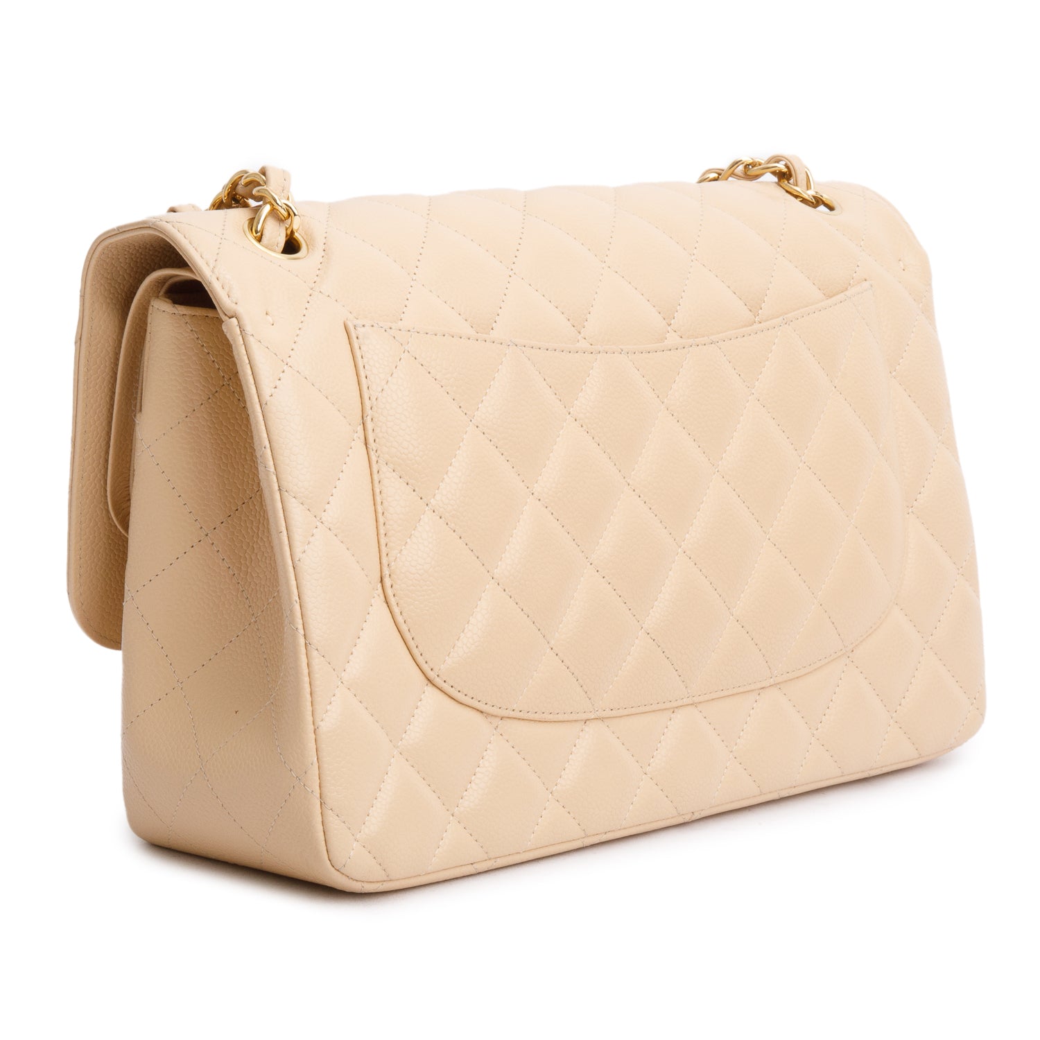 Chanel Beige Quilted Caviar Leather Classic Jumbo Double Flap Bag w/ Authenticity Card