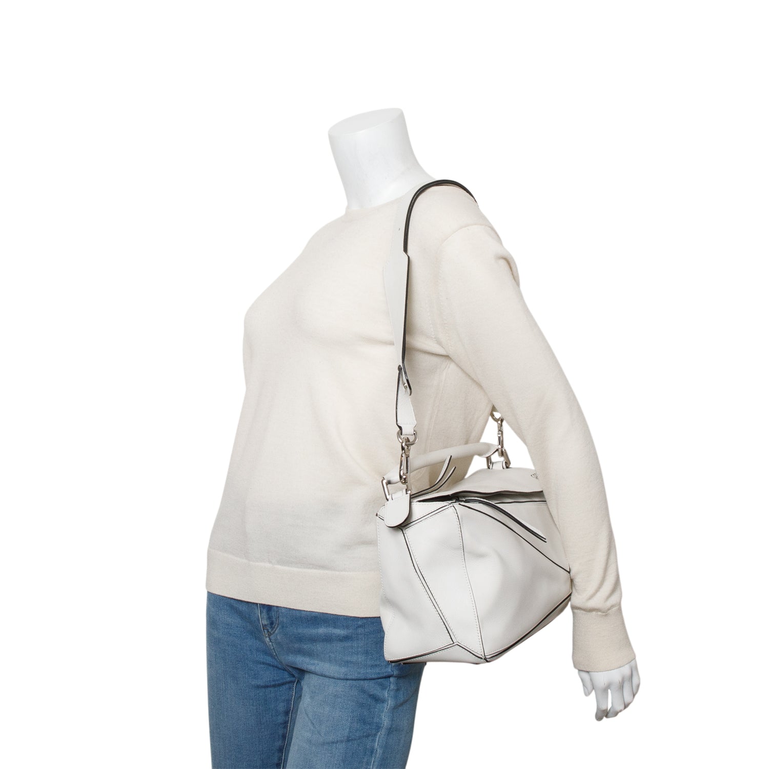 Loewe White Calfskin Leather Medium Puzzle Edge Bag w/ Strap