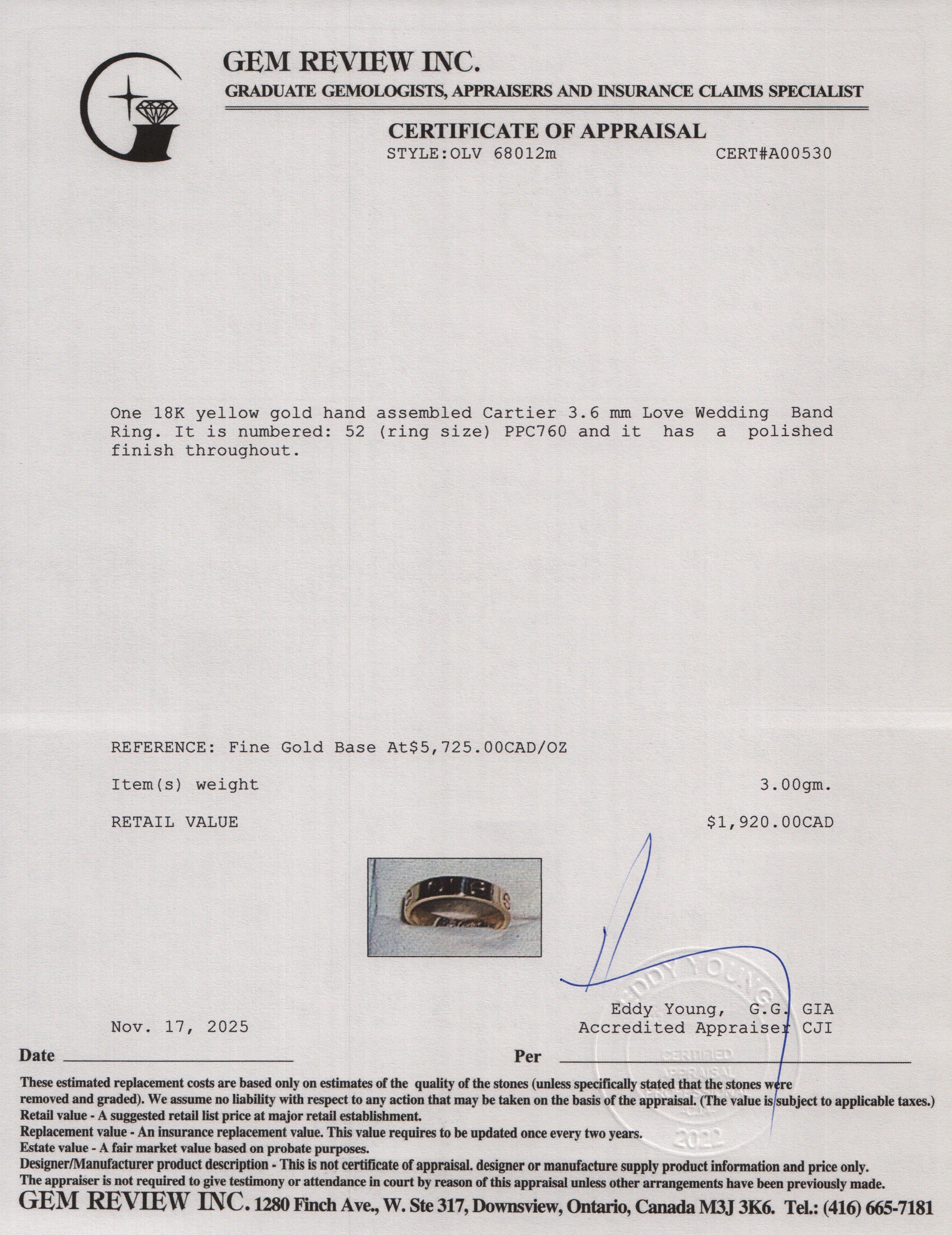 Cartier 2022 18k Rose Gold 3.6 mm Love Wedding Band Ring, Size 52 6 w/ Box & Certificate