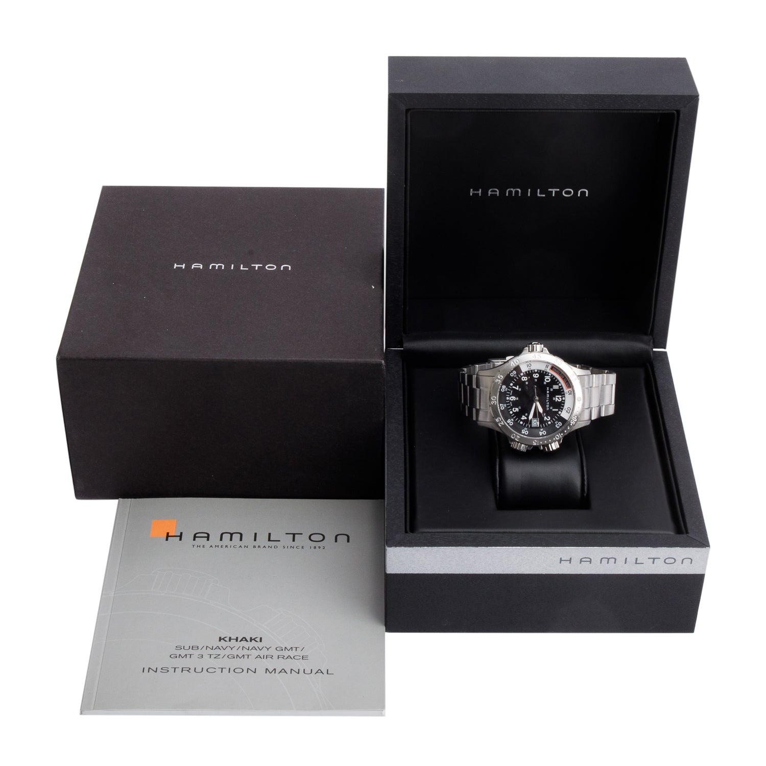 Hamilton Stainless Steel Khaki Navy Sub 40 MM GMT Quartz Watch Black Dial H745110 w/ Box