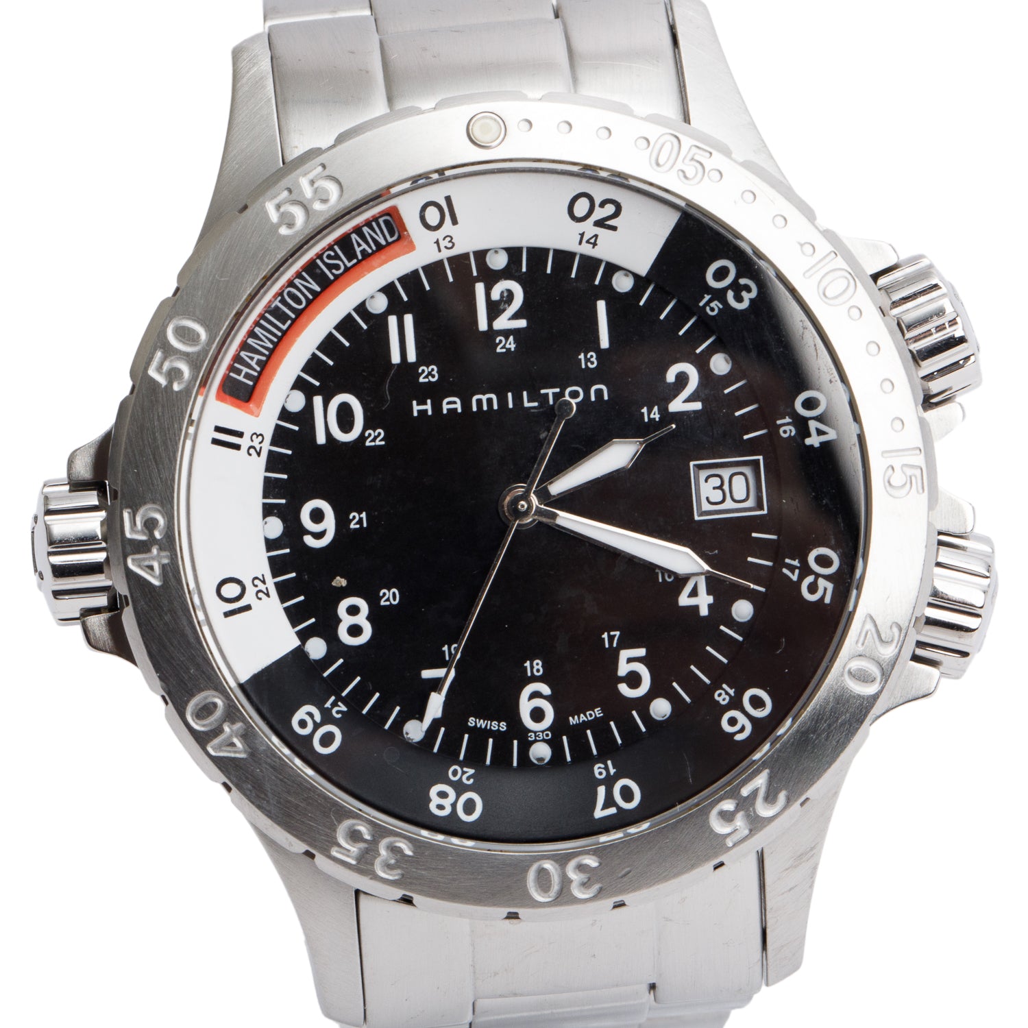 Hamilton Stainless Steel Khaki Navy Sub 40 MM GMT Quartz Watch Black Dial H745110 w/ Box