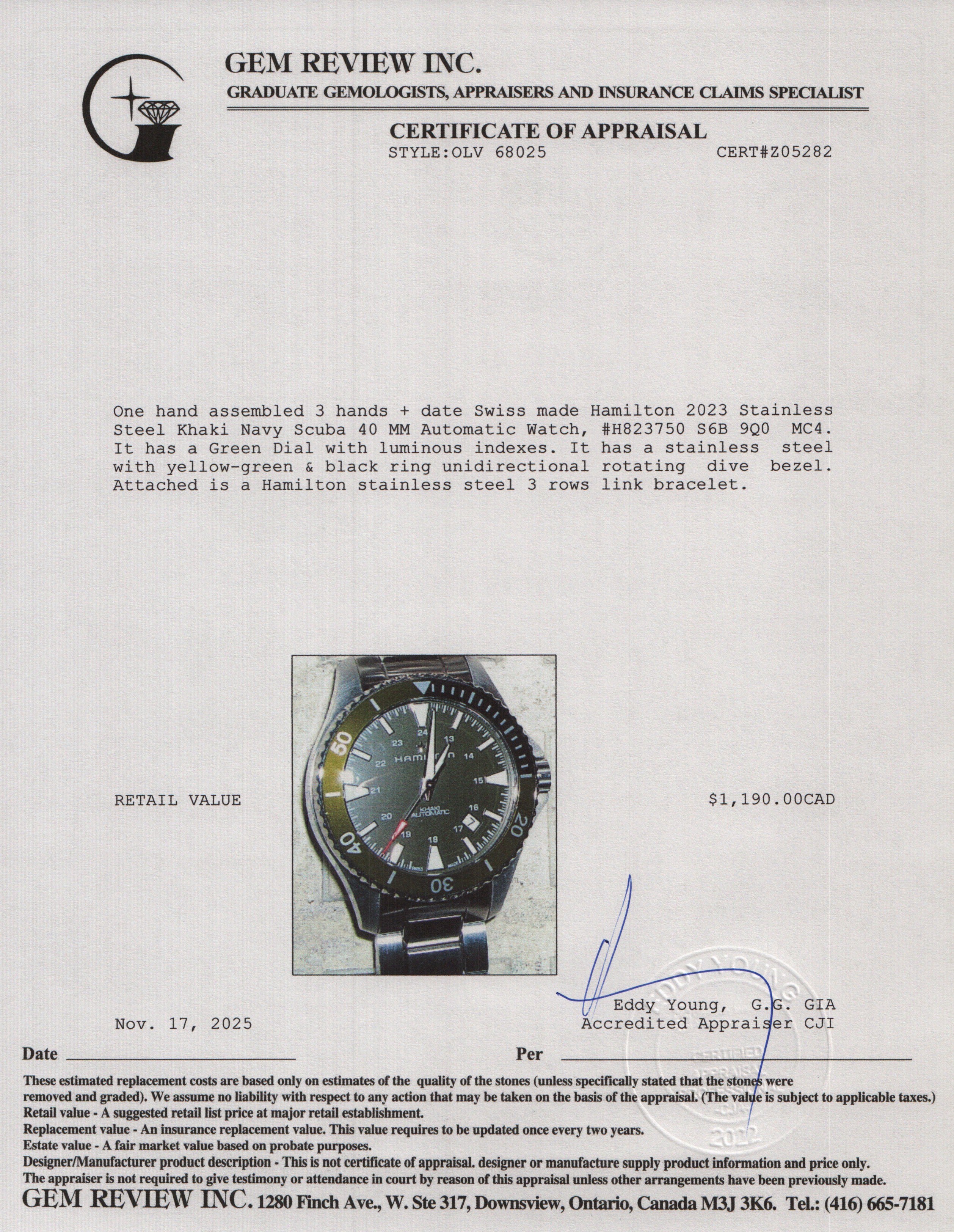 Hamilton 2023 Stainless Steel Khaki Navy Scuba 40 MM Automatic Watch Green Dial H823750 w/ Box & Papers