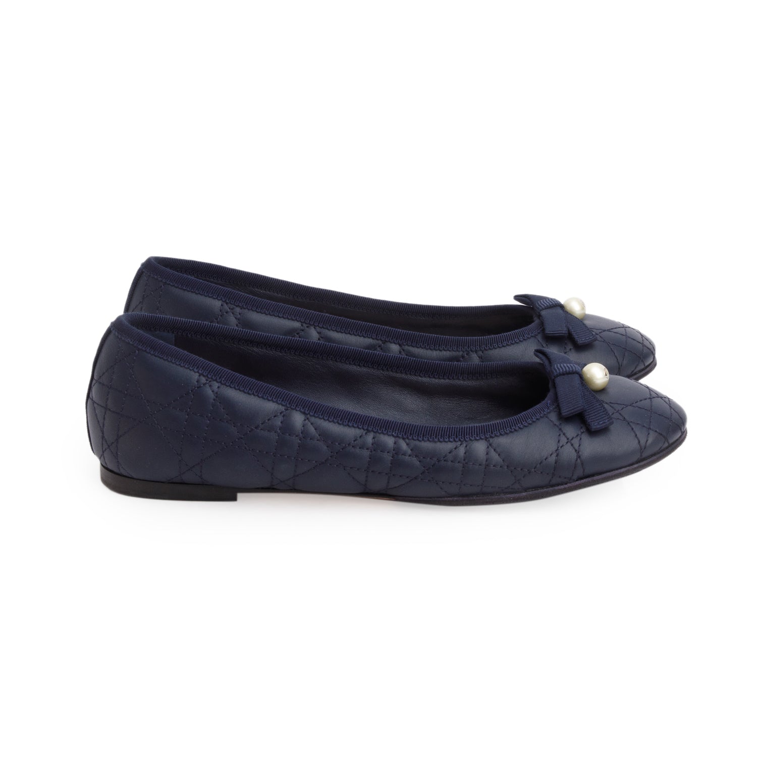 Christian Dior Navy Calfskin Leather Quilted Cannage Ballet Flat, Size 37.5 w/ Box