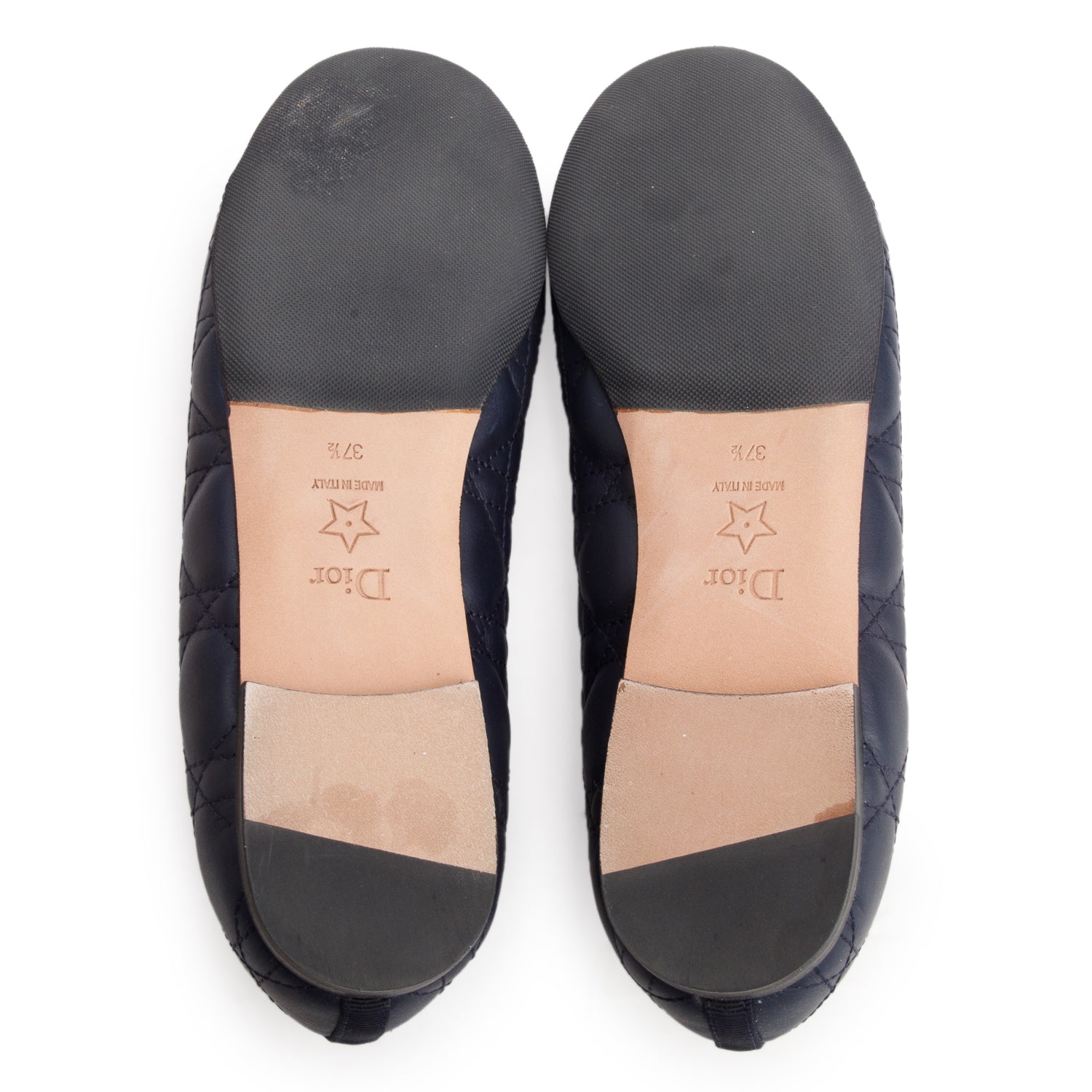 Christian Dior Navy Calfskin Leather Quilted Cannage Ballet Flat, Size 37.5 w/ Box